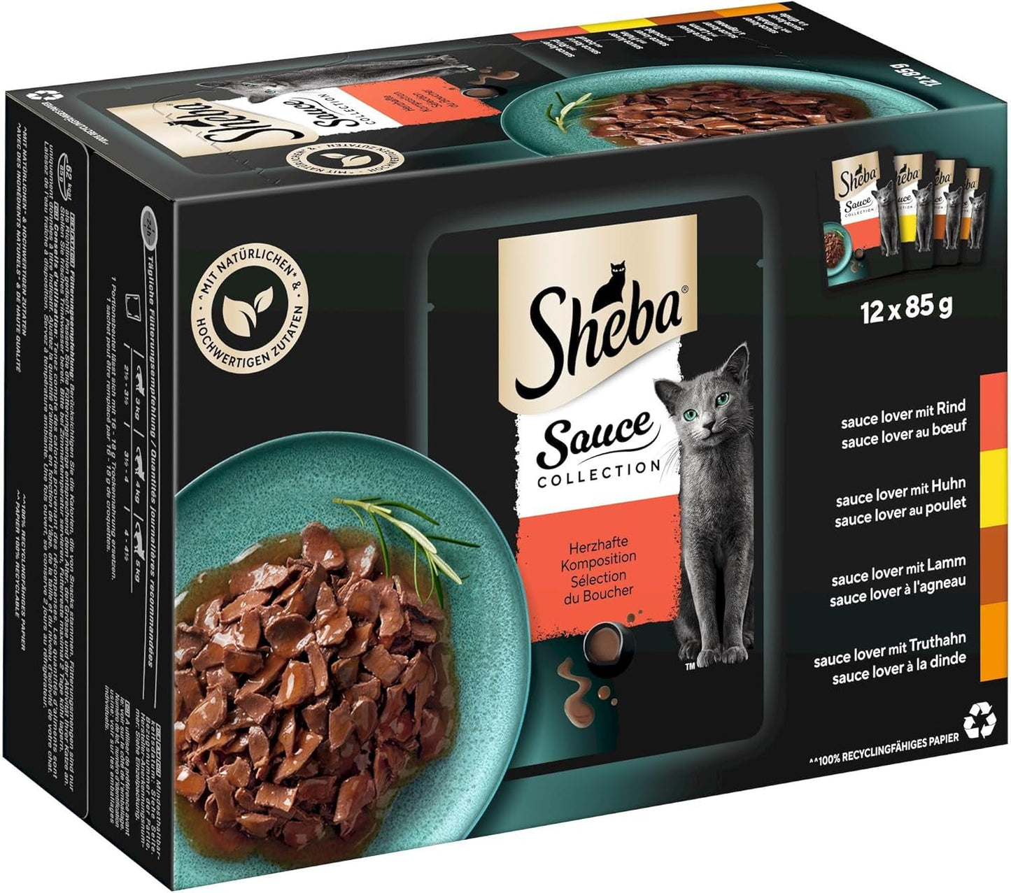 Sheba Sauce Collection våt kattmat, portionspåsar, salt multipack, 4x12x85g