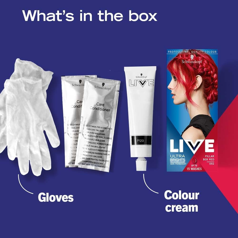 Live Ultra Bright eller Pastellröd hårfärg 3 stycken Semipermanent färg Håller upp till 15 tvättar - 092 Pillar Box Red Naty Shop Hårfärgning