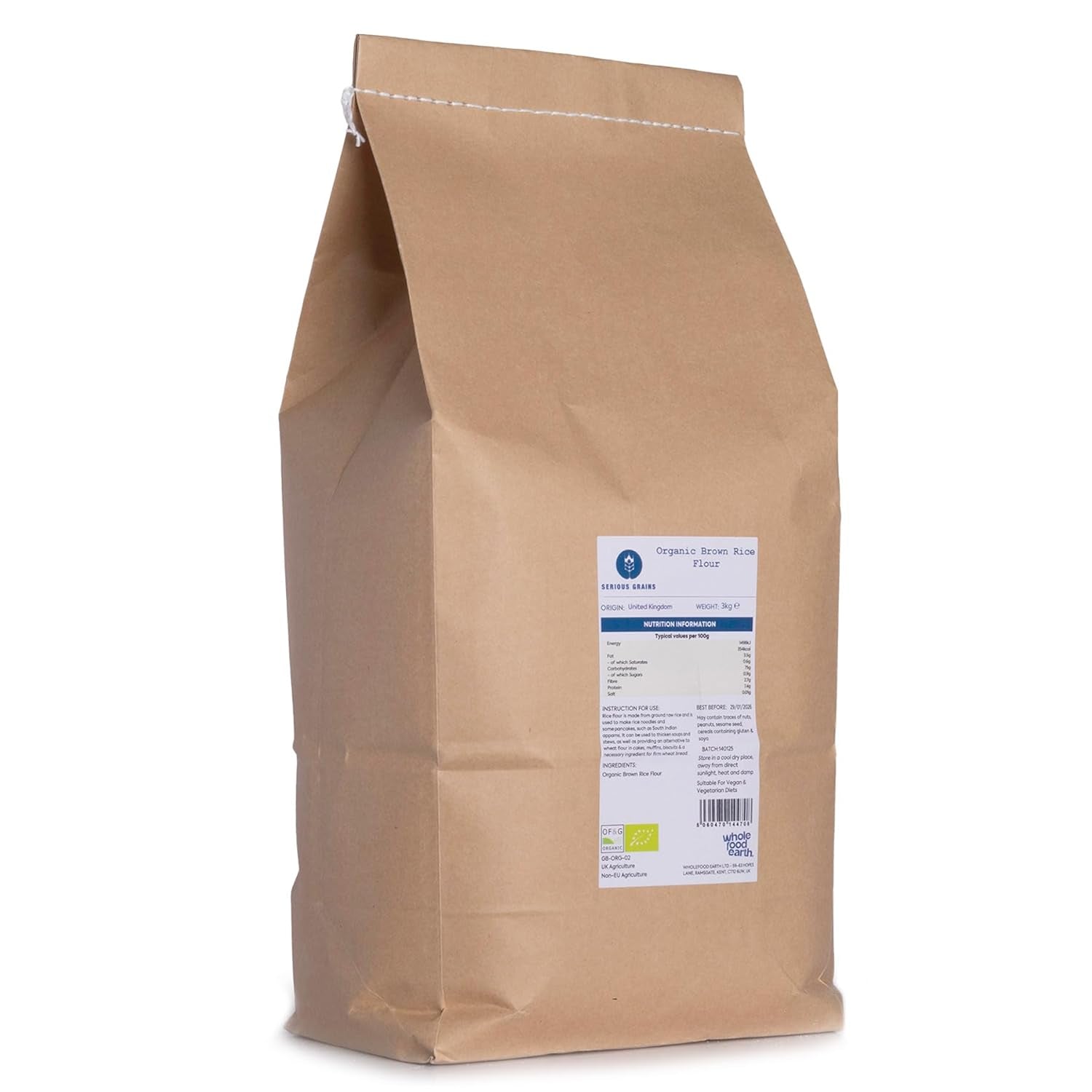 Wholefood Earth Ekologiskt brunt rismjöl – 3 kg | Sten slipad | Icke-GMO | Certifierad ekologisk