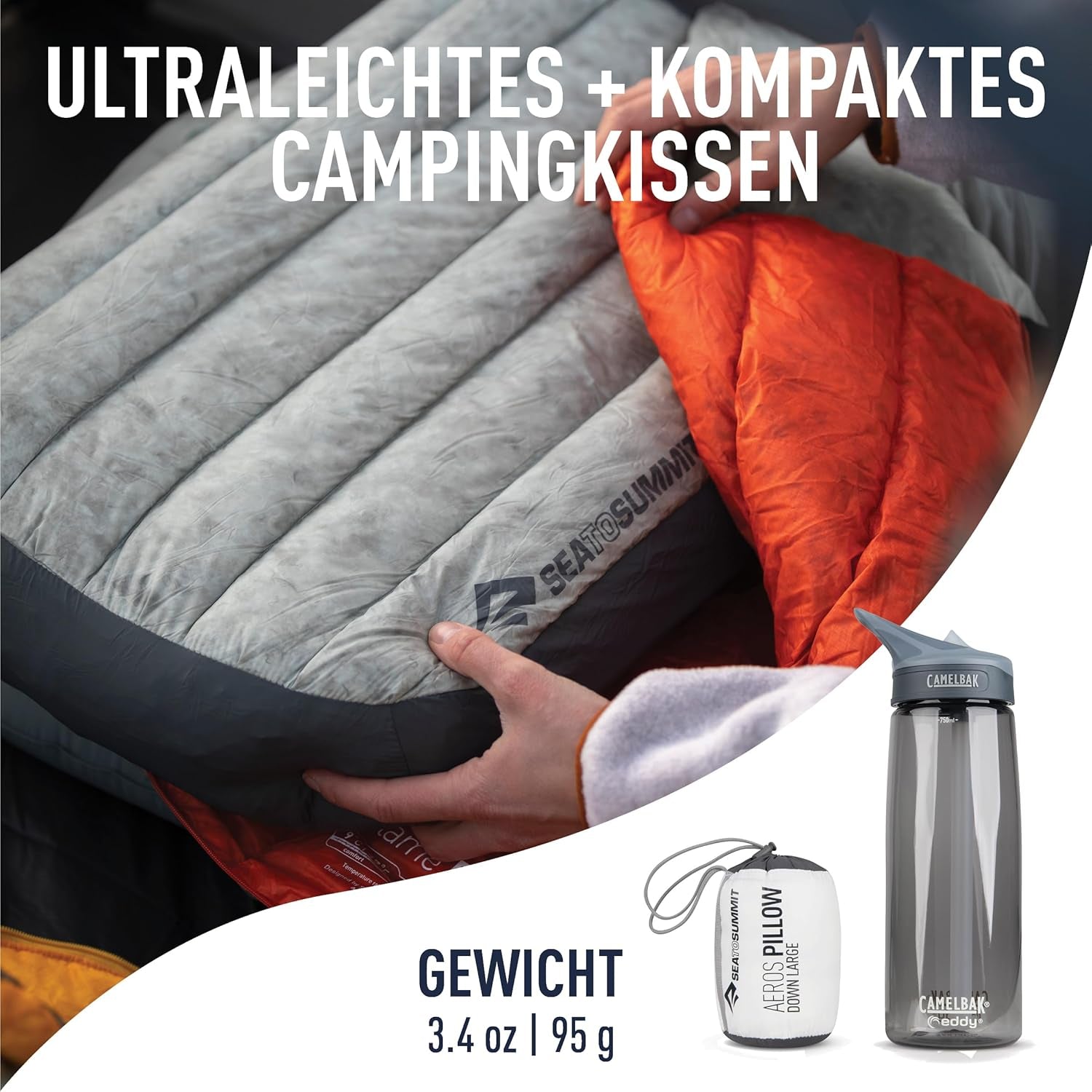 Sea to Summit - Eros dunkudde L - Ultralätt och uppblåsbar - 10D-material - Premium dunkudde - Halkfri - För vandring och camping - 42 X 28 X 12 Cm - Grå - 95 G Naty Shop-resekuddar