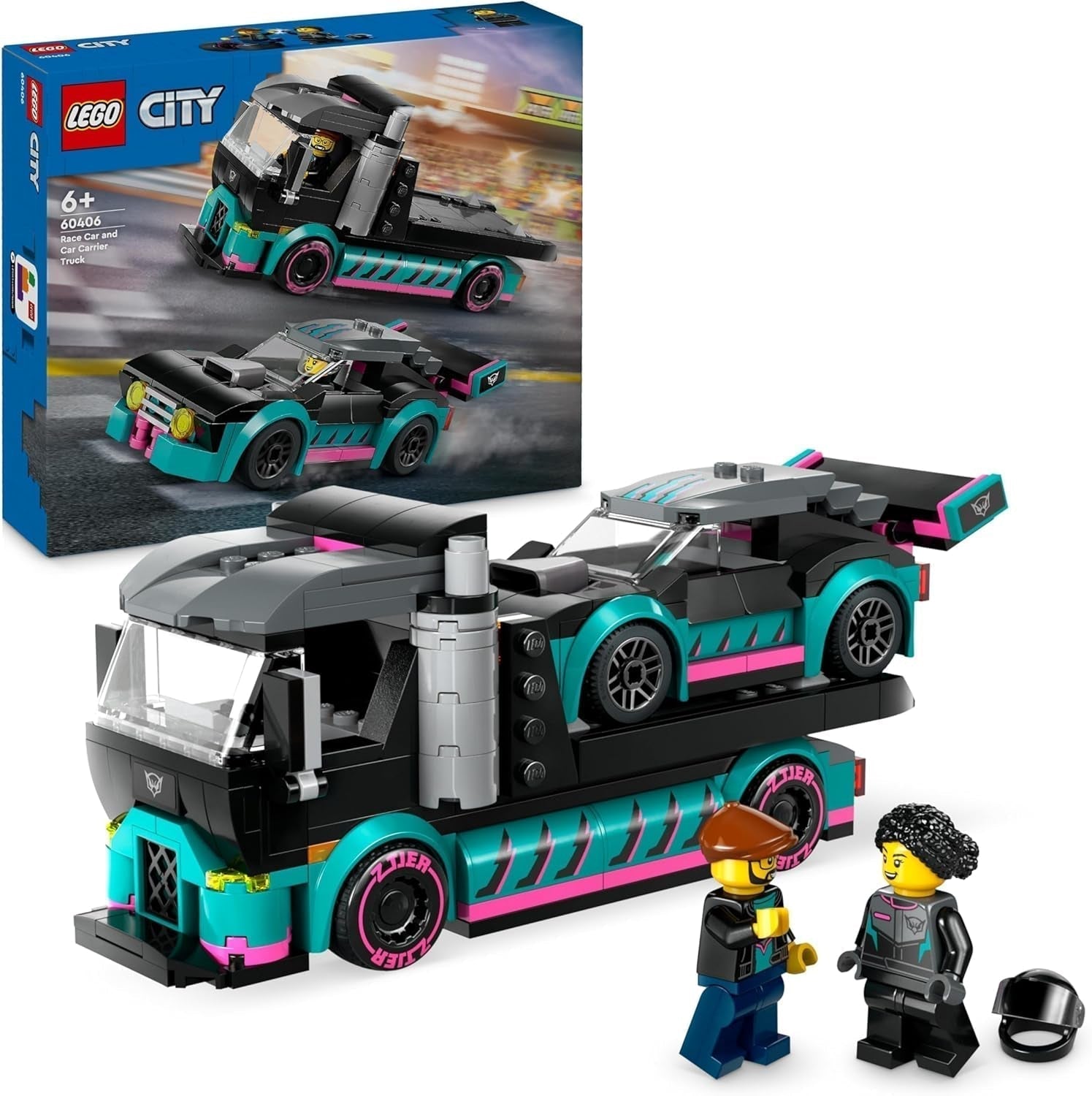 LEGO City Car Transporter med racerbil, leksaksbil med justerbar lastramp och racerbil, byggset med 2 minifigurer, racerförare och lastbilsförare, för barn 6 år och över 60406 Byggset Besuche den LEGO-Store Single