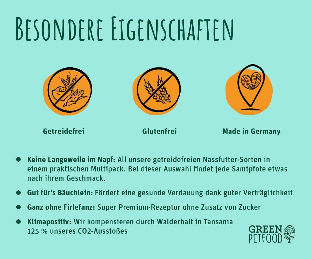 Green Petfood FairCat Multipack (6 x 85 g) | Vuxen | Premium våtfoder för urvuxna katter 6 verschiedenen leckere Sorten im Multipack | getreidefrei | Katzenfutter nass | 6 pack