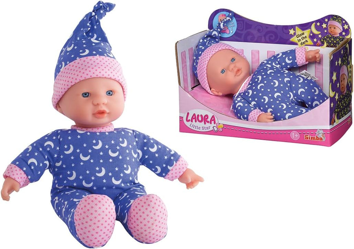 Simba 105010010 - Laura Little Star Soft Body Doll i en söt klänning och Glowing Moon and Stars Hatt 20cm Glowing Baby Doll från 12 månader