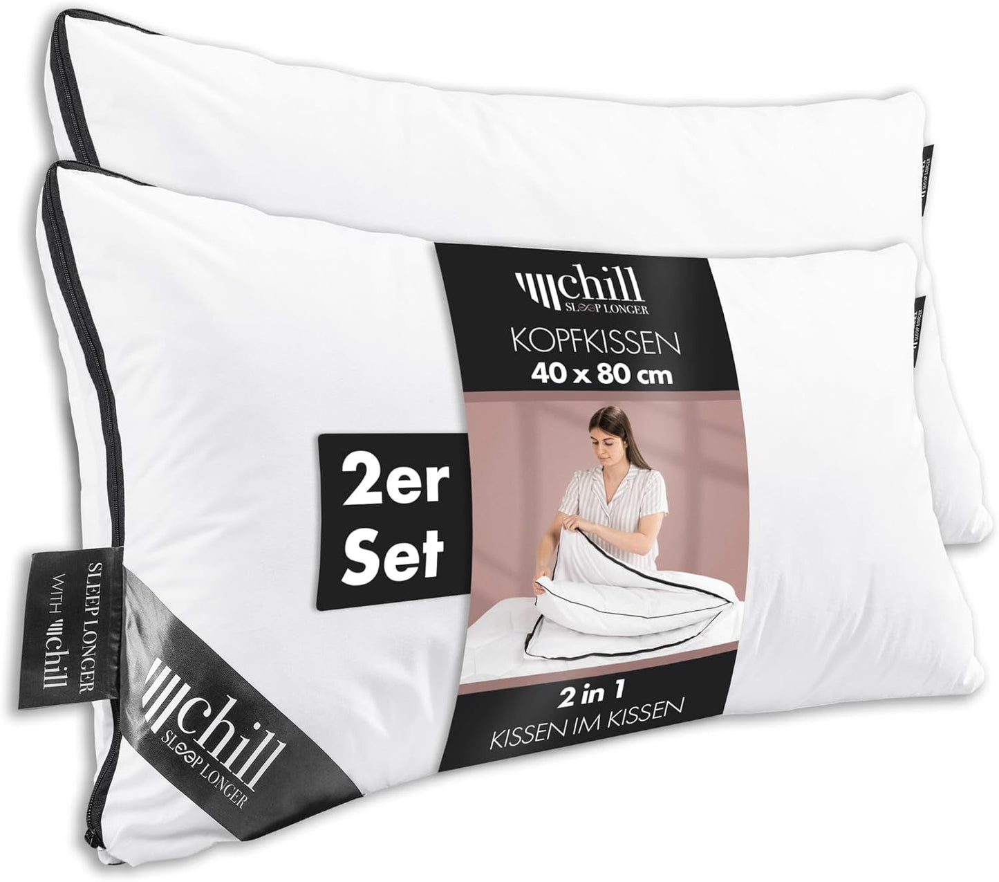 Kudde 80X80 Cm - 2 i 1 design - kudde i kudde - andas och tvättbar stor sovkudde och 100% vegansk - 2 kuddar 3 alternativ - kudde med 600G & 1200G fyllning Naty Shop standardkuddar Premiumkuddar Set med 2 - 40 X 80 Cm