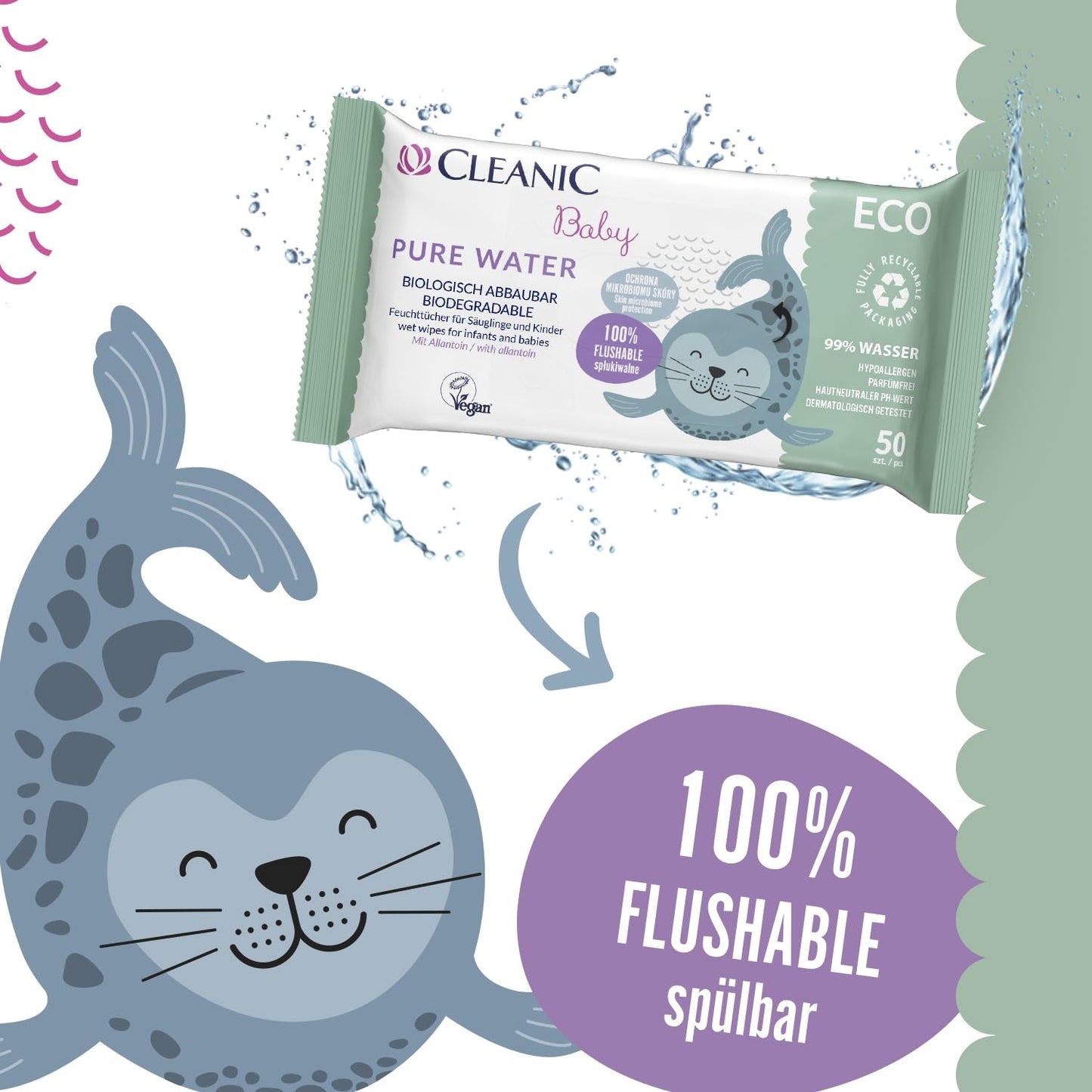 Cleanic Baby Eco Pure Water Wet Wipes – (1 x 50 st.) Våtservetter för barn och spädbarn – parfymfri, sköljbar, känslig hud – 50 st.