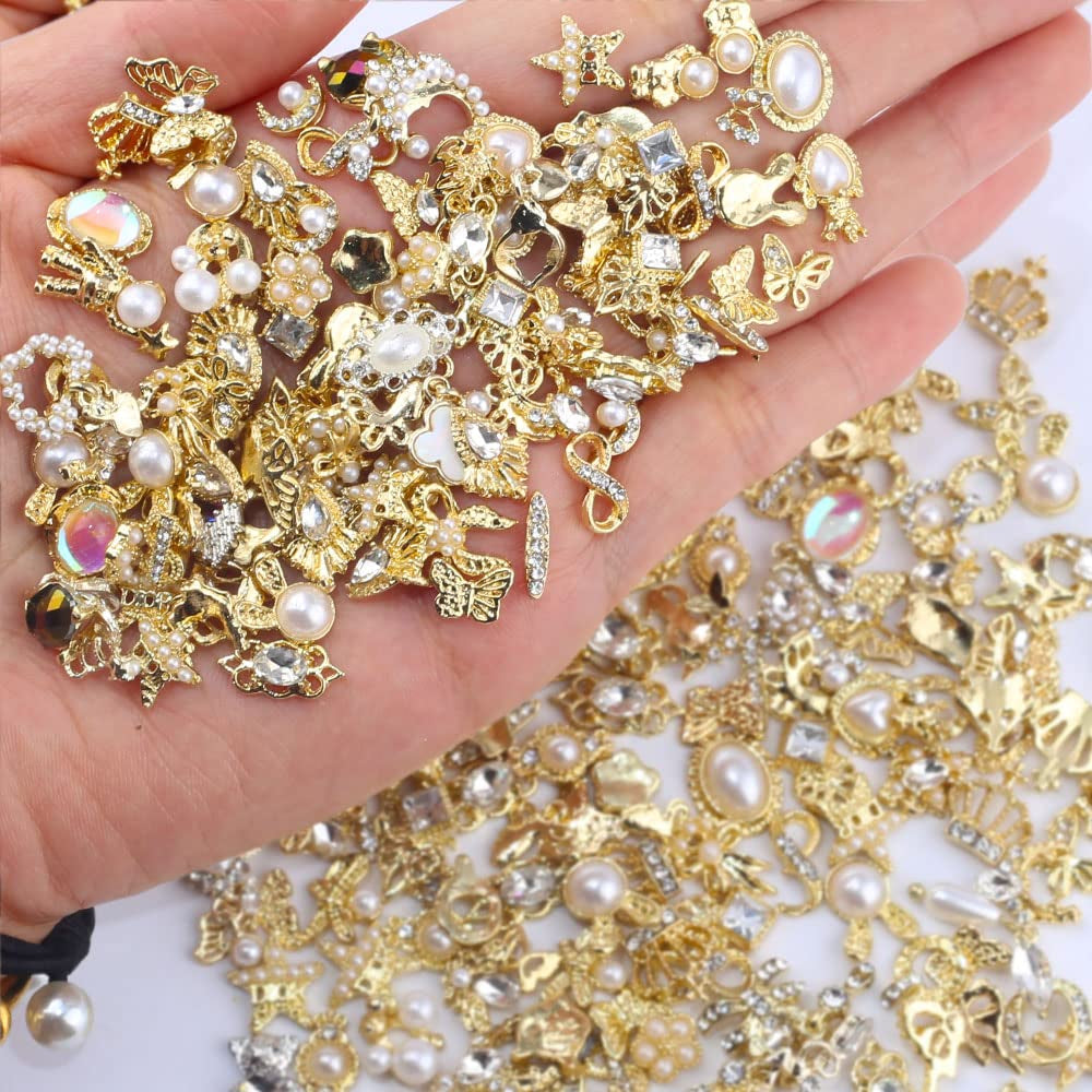 50 Stück Gold Nail Charms, Mix Styles Glitzersteine Nägel Perle Legierung Nagel Steine Blume Schmetterling Strasssteine Nägel Herz Stern Nagel Charms DIY Nail Art Zubehör Frauen Nägel Deko