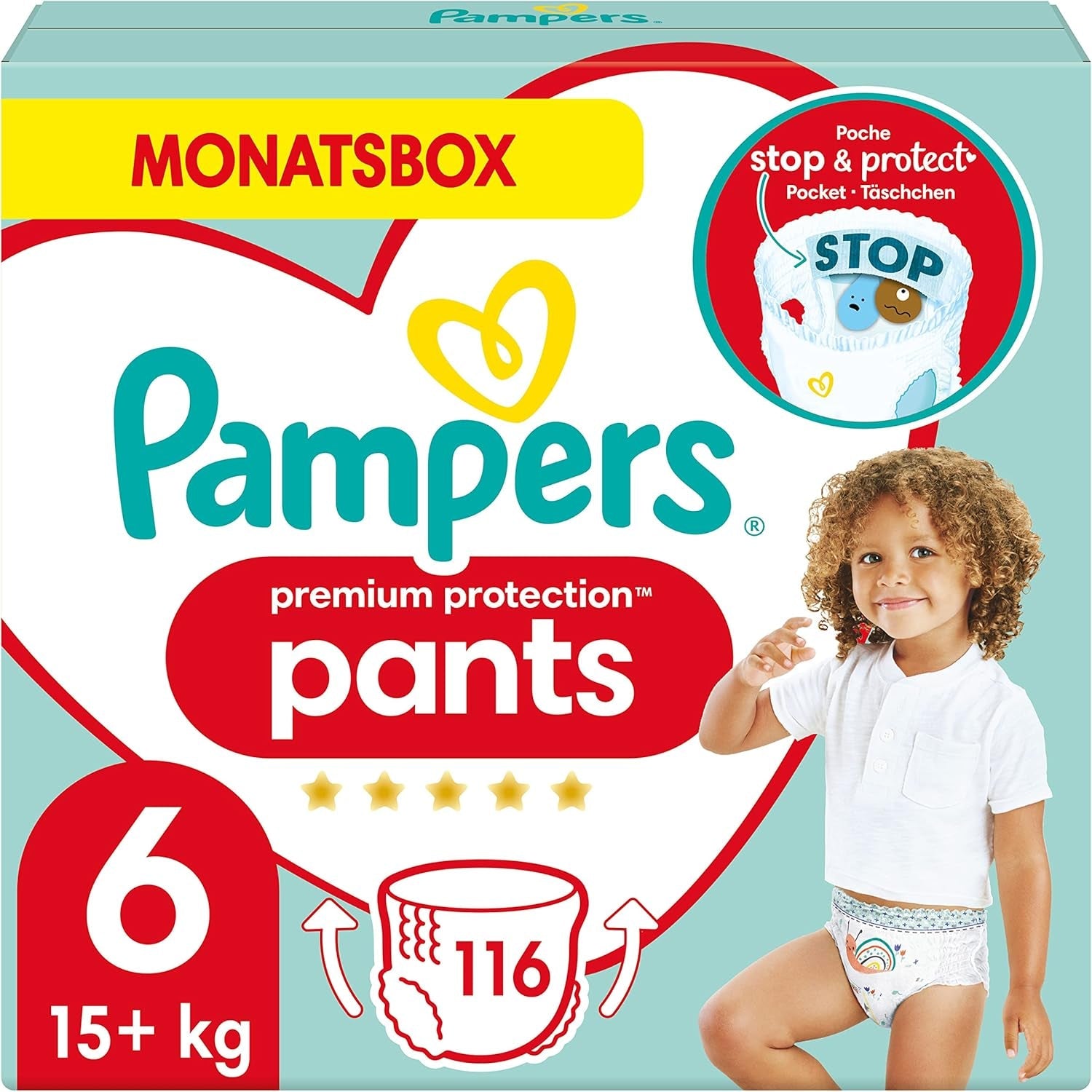 Pampers Premium Protection Pants Storlek 7, 123 Blöjor, 15 kg+, med 360° justering och mjuka anti-läcka muddar för optimal komfort och skydd