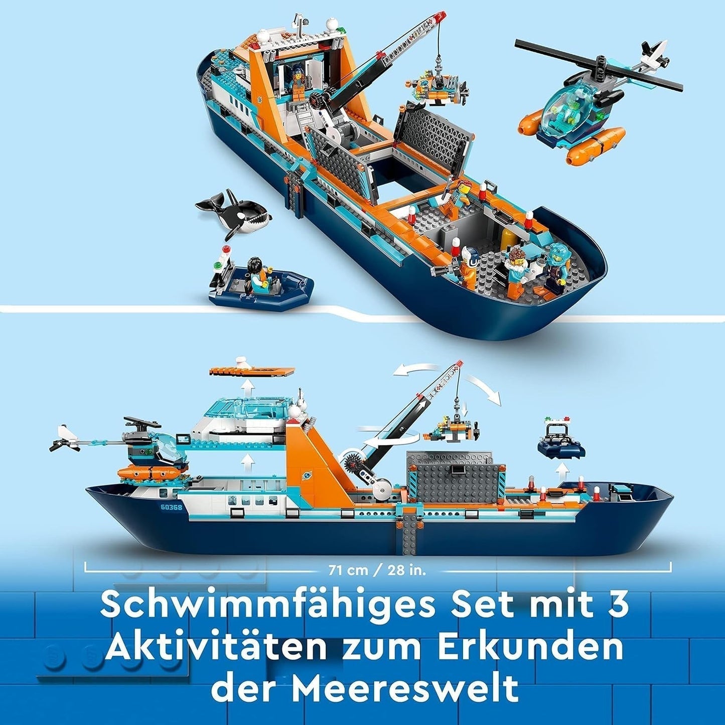 LEGO City Arctic Research Ship, stor flytande leksaksbåt med helikopter, uppblåsbar båt, Rov-ubåt, vikingavrak, 7 minifigurer och späckhuggarfigur, present till barn från 7 år och uppåt 60368 Byggset Besuche den LEGO-Store