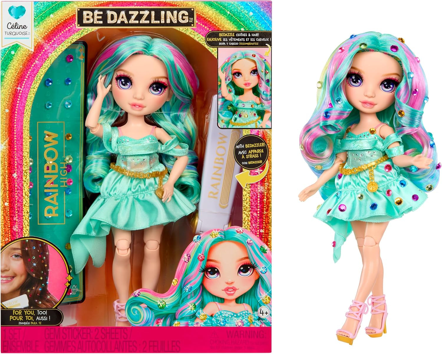 Rainbow High Be Dazzling Fashion Doll - Celine Turkos - Blågrön, 28 cm, med dekorationsverktyg, gnistrande ädelstenar och stylingtillbehör