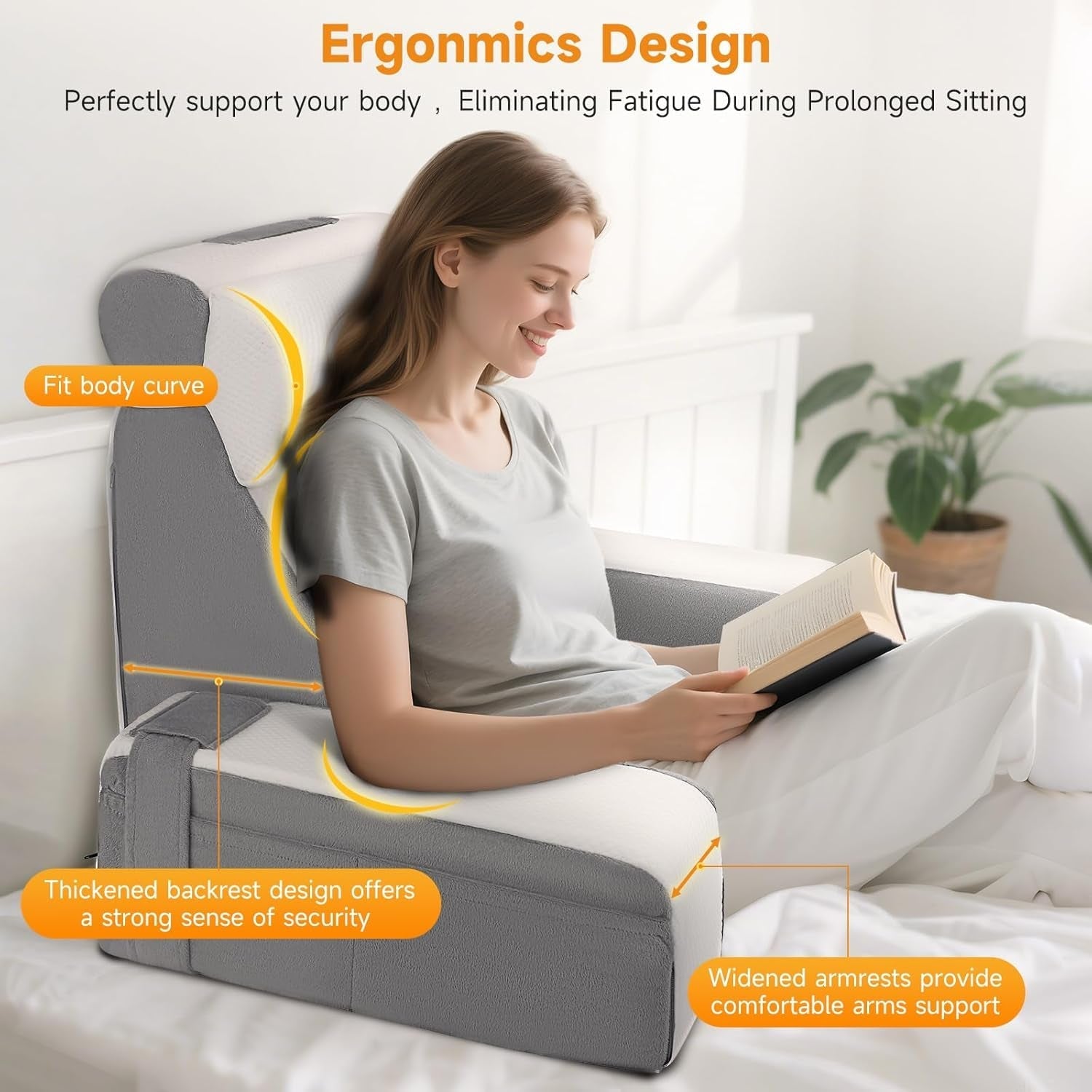 Stor läskudde med avtagbart nackstöd och armstöd, ryggkudde till sängen, ergonomisk ryggkudde med arm, ficka och tvättbart överdrag för läsning och tv-tittande.