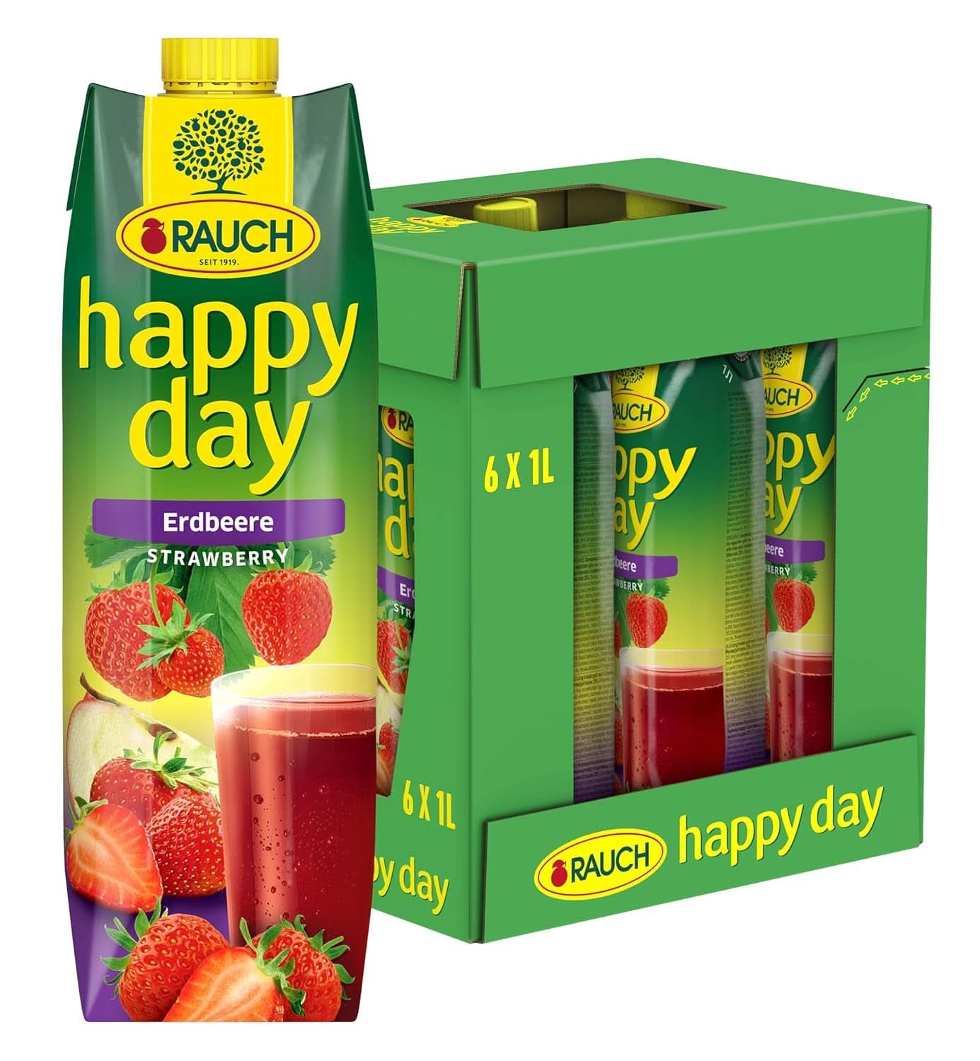 Rauch Happy Day Strawberry | Intensiv jordgubbssmak | Raffinerad med äpplen och citron | 6X 1 liter, Tetra Prisma Alkoholfria drycker Naty Shop