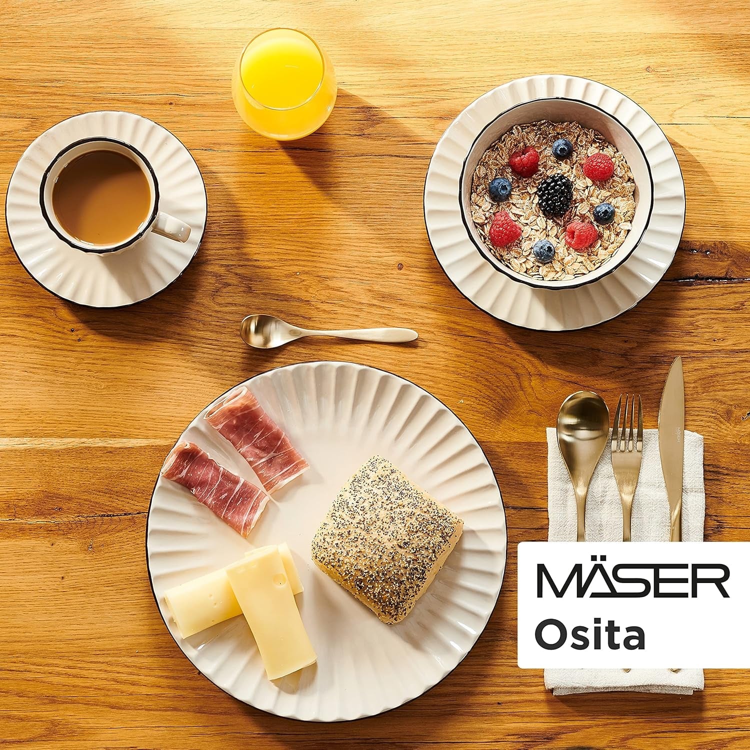 MÄSER 931967 Osita Retro Series 6-personers Wave servisset, 18-delade runda servisset, mattallrikar, desserttallrikar och flingskålar, keramik, krämvit