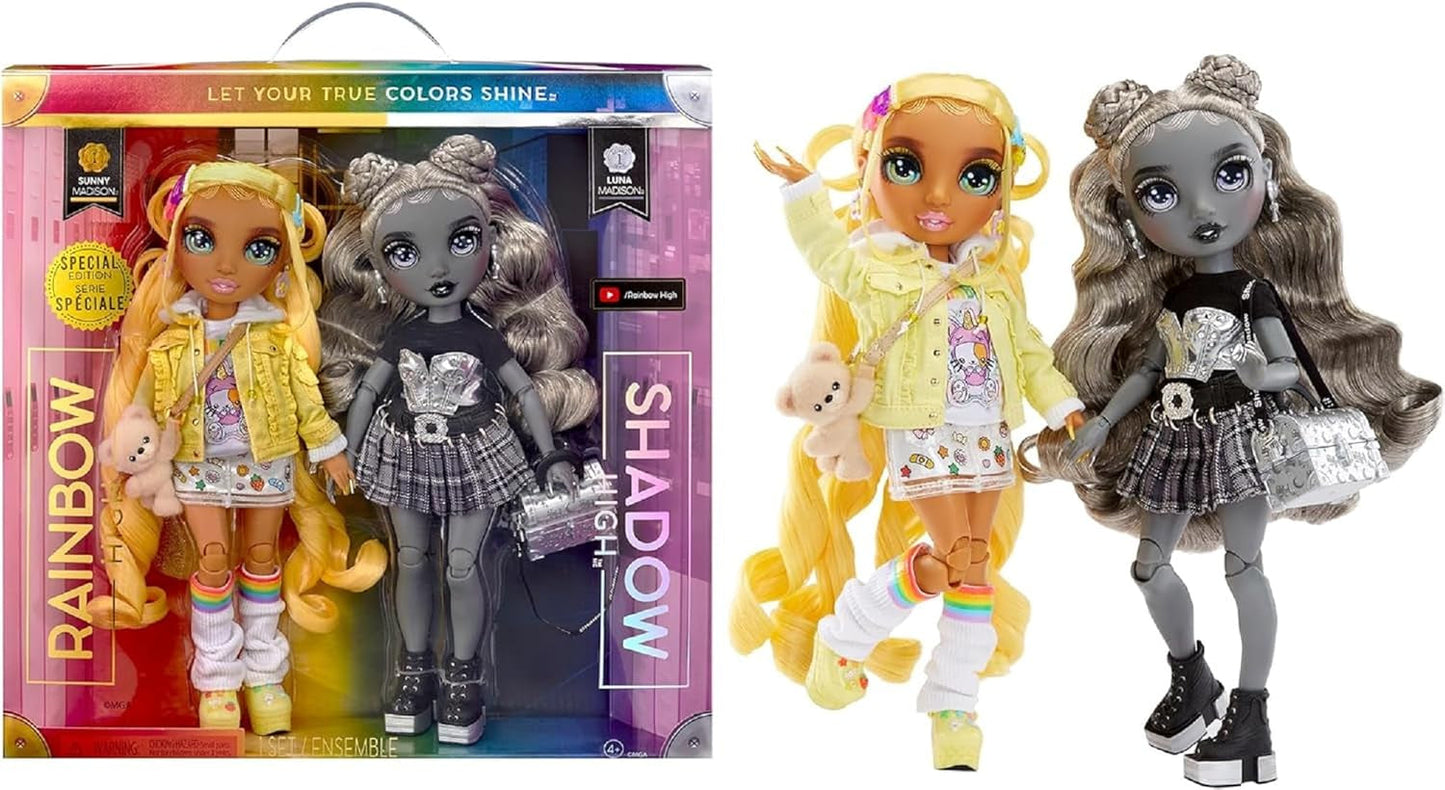 Special Edition Rainbow High Shadow High - Madison Twins Sunny och Luna - 2 modedockor i gult och grått designerkläder, mixa och matcha med tillbehör - för samlare och barn 4-12 år