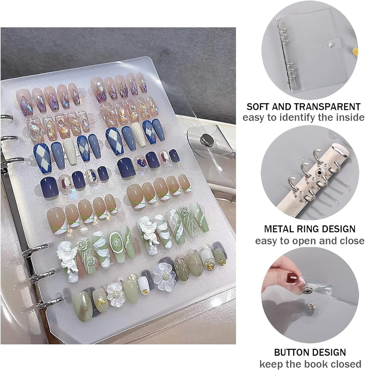 A5 Nail Organizer Set med klammerförslutning och avtagbara ark - Robust genomskinlig låda + 6 självhäftande kuddar och löstagbar konstgjord/häftande nagelförvaringsbok - Idealisk för förvaring, presentation