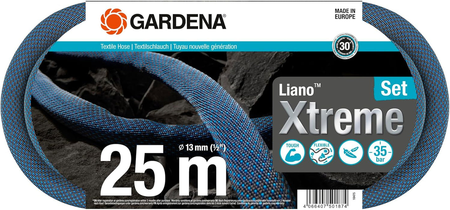 Gardena Liano Xtreme 1/2 tum 25 m set: Extremt robust trädgårdsslang i textil med lätt, väderbeständig PVC-innerslang (18475-20)