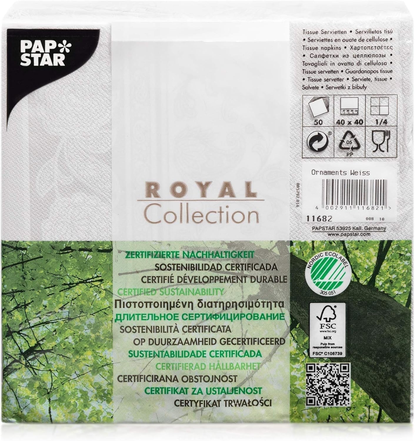 Papstar 11682 50 servetter "Royal Collection" 1/4-faldig 40 X 40 cm "Ornaments", vit