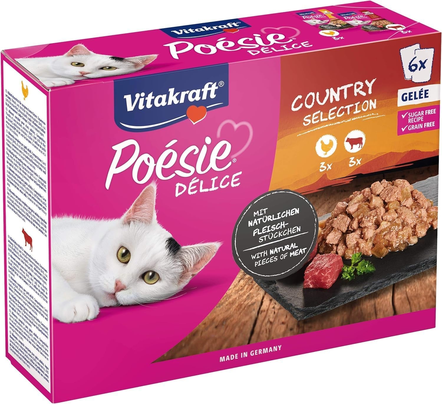Vitakraft Poésie Délice, Country Selection, Nassfutter Katze, Katzennassfutter Gelee, med kyckling, med nötkött (1 paket med 6x 85g)