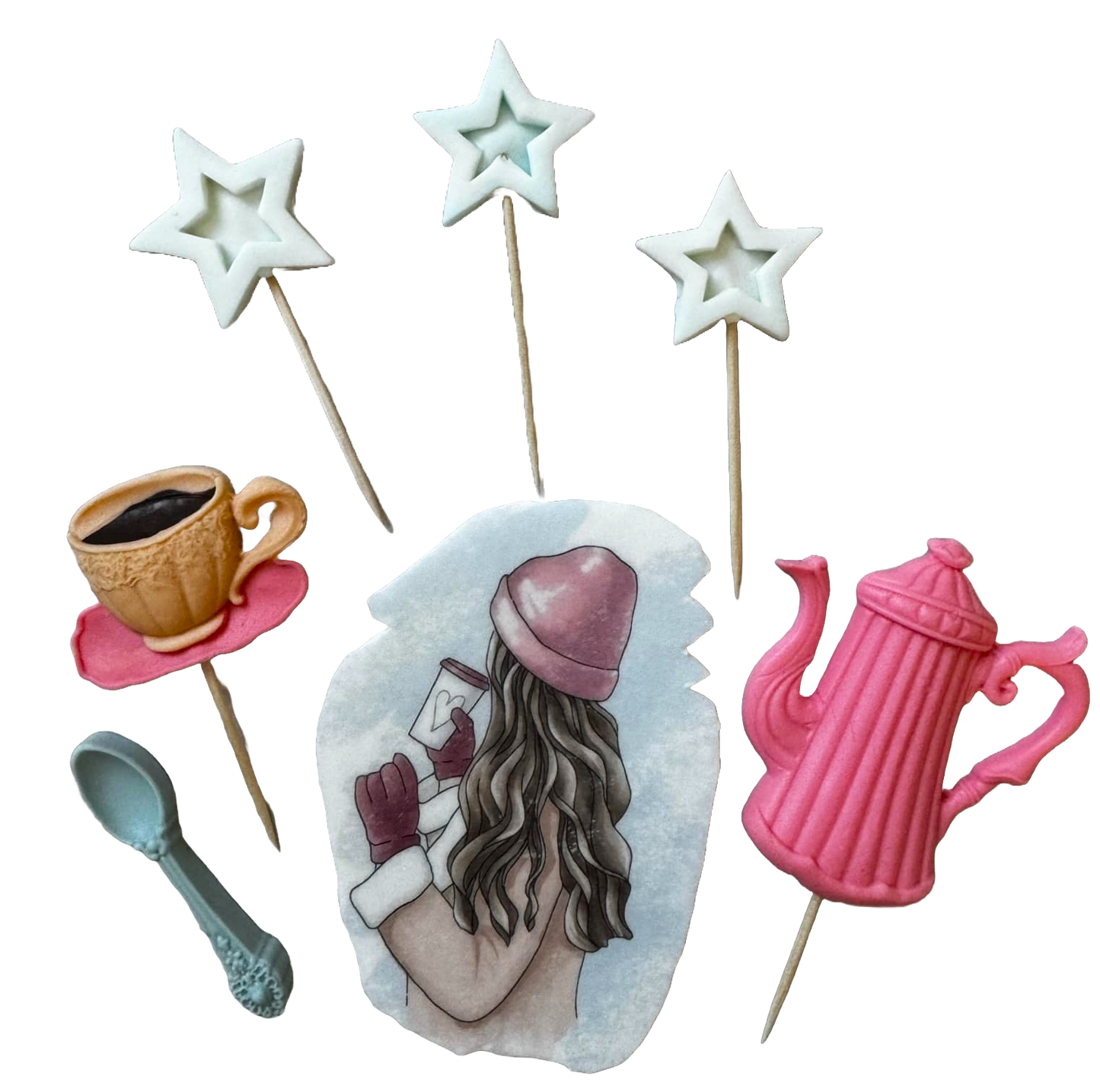 Set med 7 ätbara sockerpastadekorationer, Vacker dam, rosa hatt Sockerpastadekorationer Naty Shop