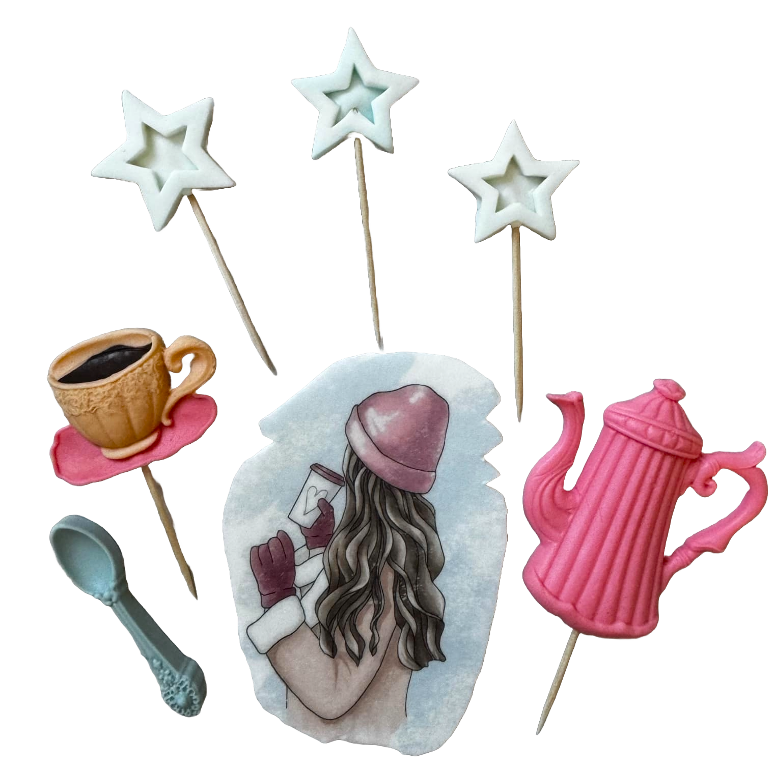Set med 7 ätbara sockerpastadekorationer, Vacker dam, rosa hatt Sockerpastadekorationer Naty Shop