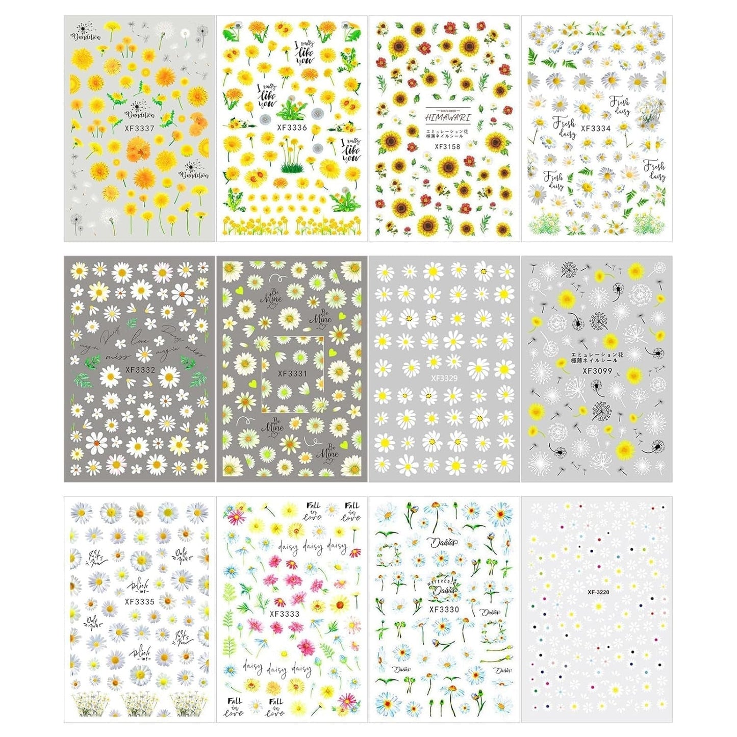 12 ark 3D-effekt Nagelklistermärke UV-härdande Långvarig Blomma Nagelklistermärken Gul Vit Daisy Nail Art Stickers