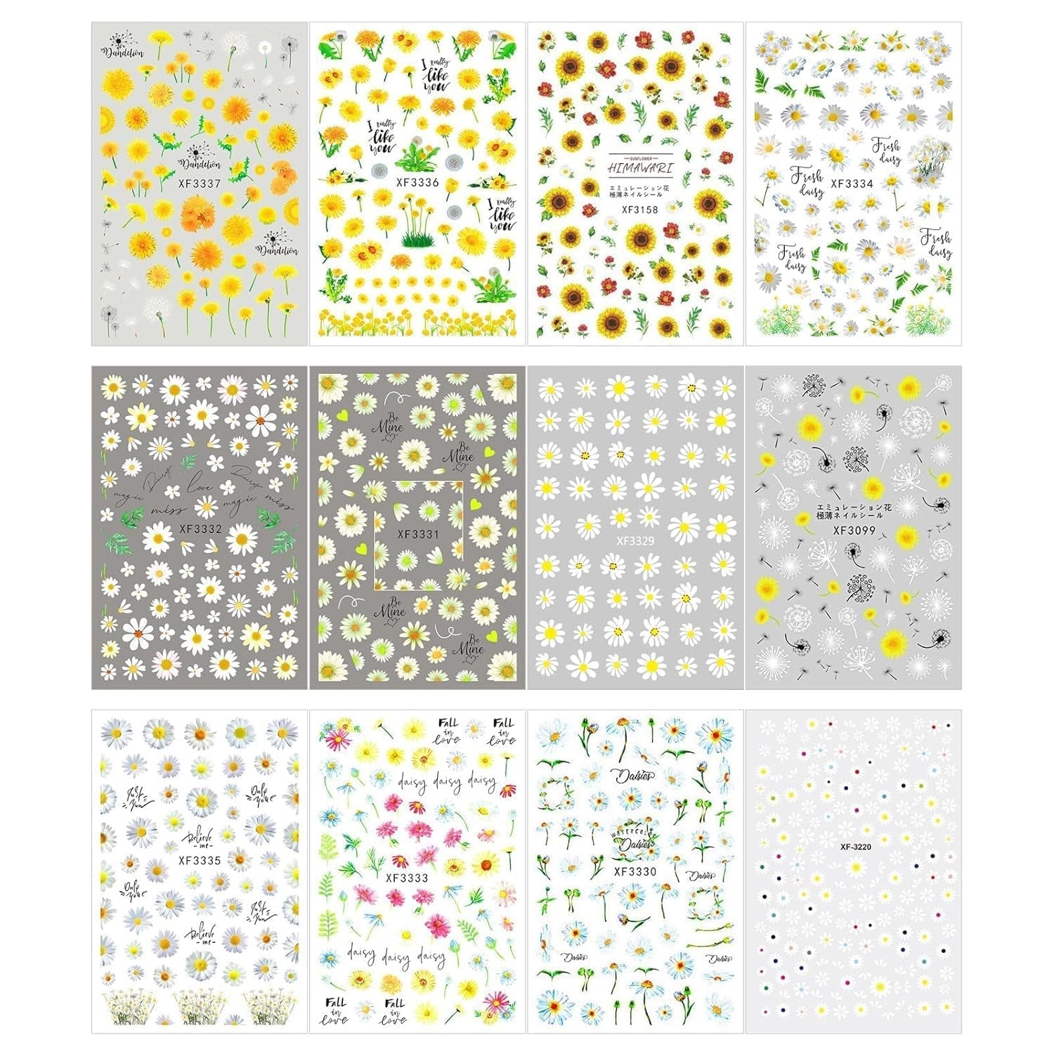 12 ark 3D-effekt Nagelklistermärke UV-härdande Långvarig Blomma Nagelklistermärken Gul Vit Daisy Nail Art Stickers