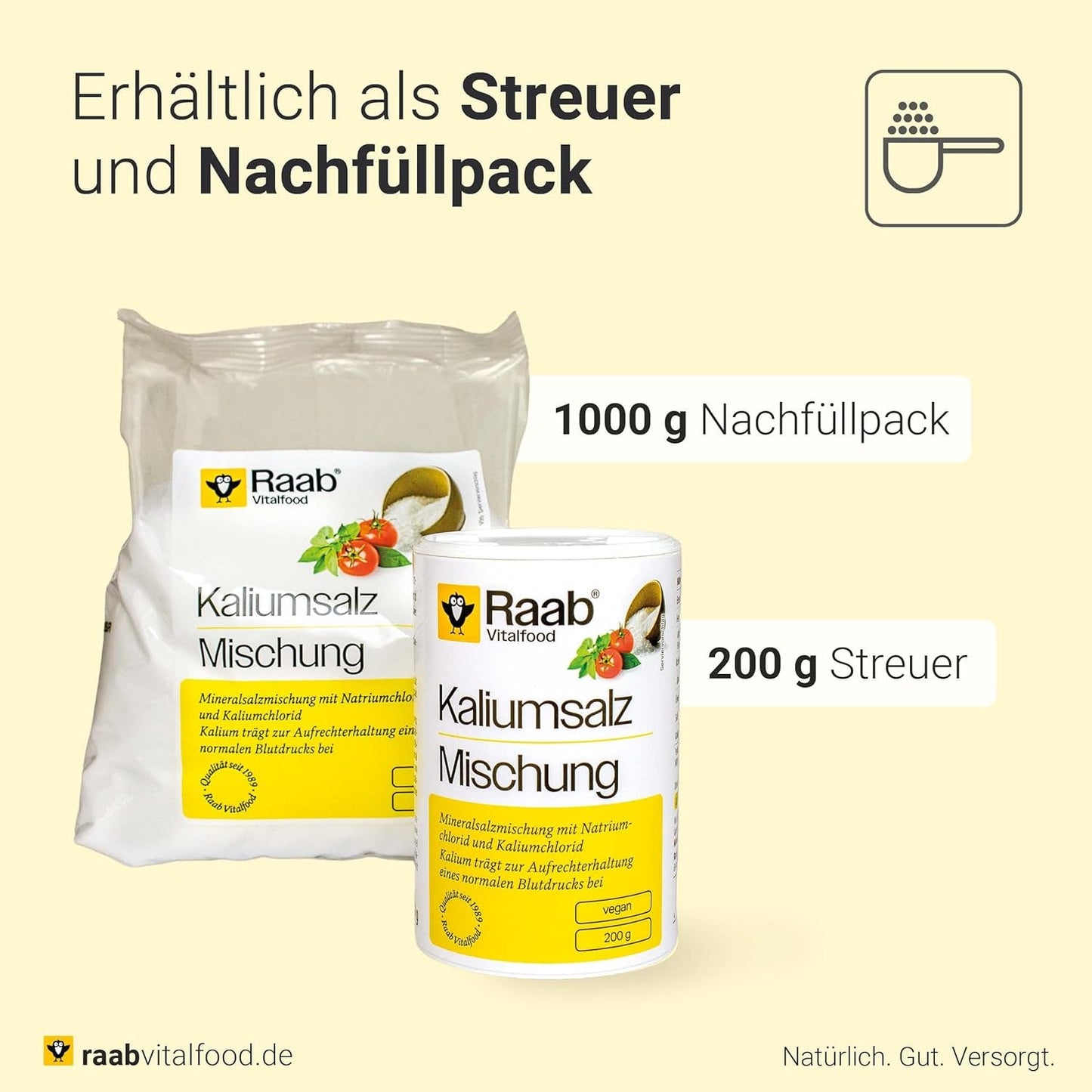 Raab Vitalfood Kalium salt-Mischung, Mineralsalzmischung med 66,7% Natriumchlorid (Kochsalz) och 33% Kaliumchlorid, Kalium trägt zur Aufrechterhaltung eines normalen Blutdruck bei (1 x 200 g Dos)