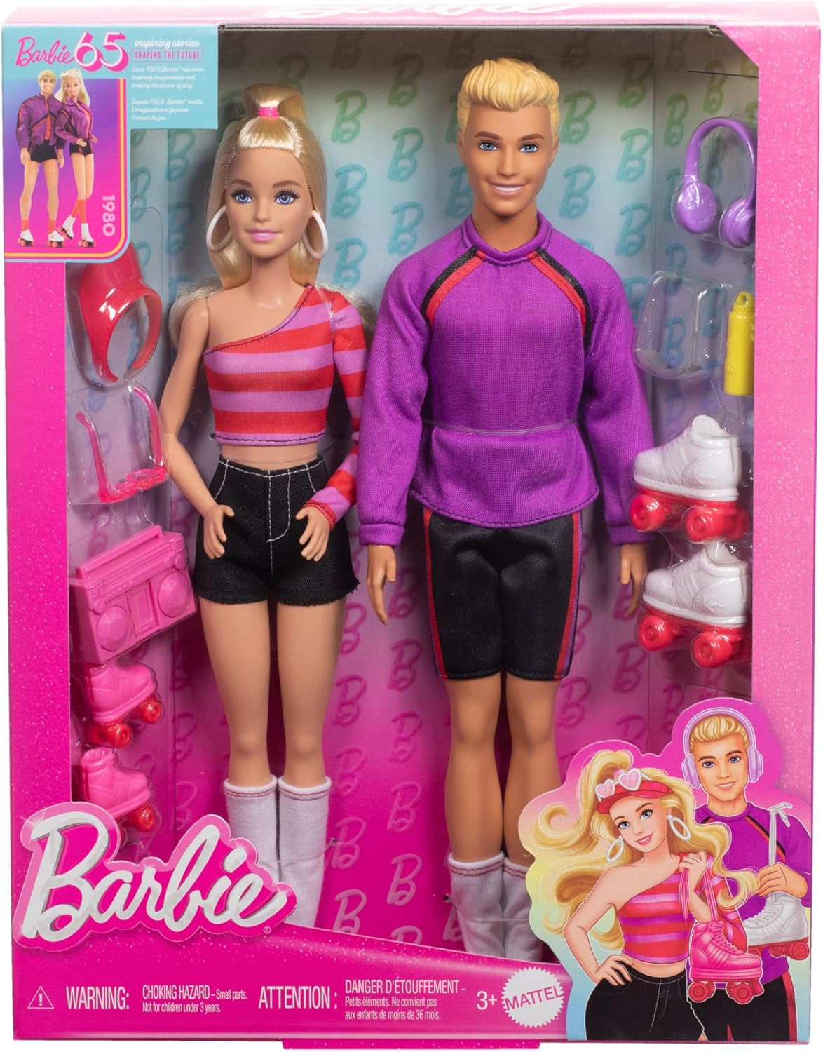 Barbie Fashionistas Set med 2 modedockor och 6 tillbehör, Barbie och Ken modedockor på rullar, 65-årsjubileumsfigurer, HXK90 Naty Shop Dolls