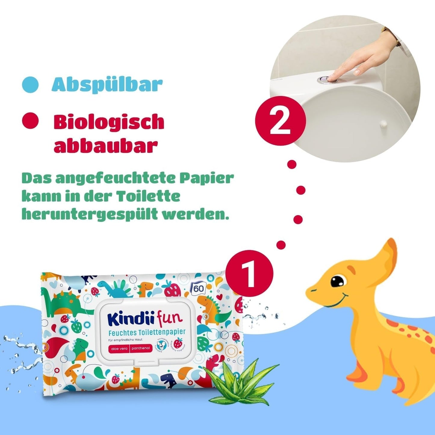 Kindii Fun Wet Toalettpapper - (10X60 stycken) Wet Toalettpapper - Kamomill, Aloe Vera, Ph-neutralt, Vattenbart, Fräschar upp det intima området - 600 stycken