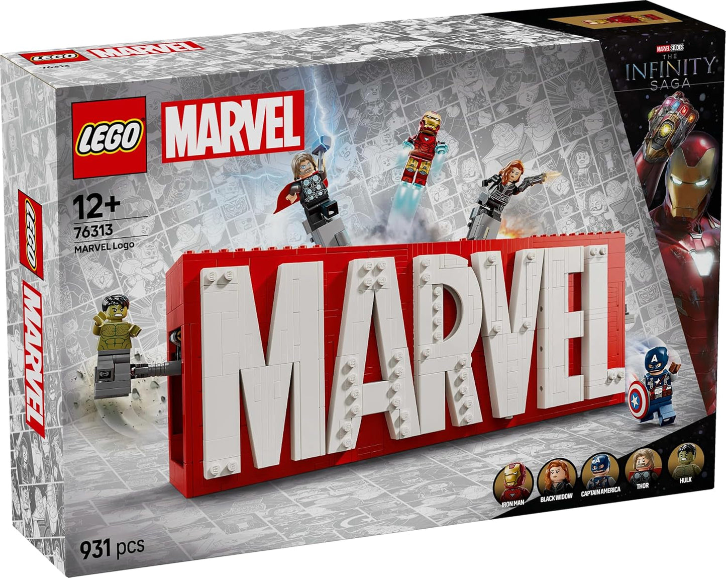 LEGO Marvel: Marvel-logotyp och minifigurer - Hulk, Thor, Iron Man, Black Widow och Captain America samlingsset - Avengers figurbyggeset - Present för pojkar och flickor från 12 år och uppåt 76313 Byggset Beuche den LEGO-Store