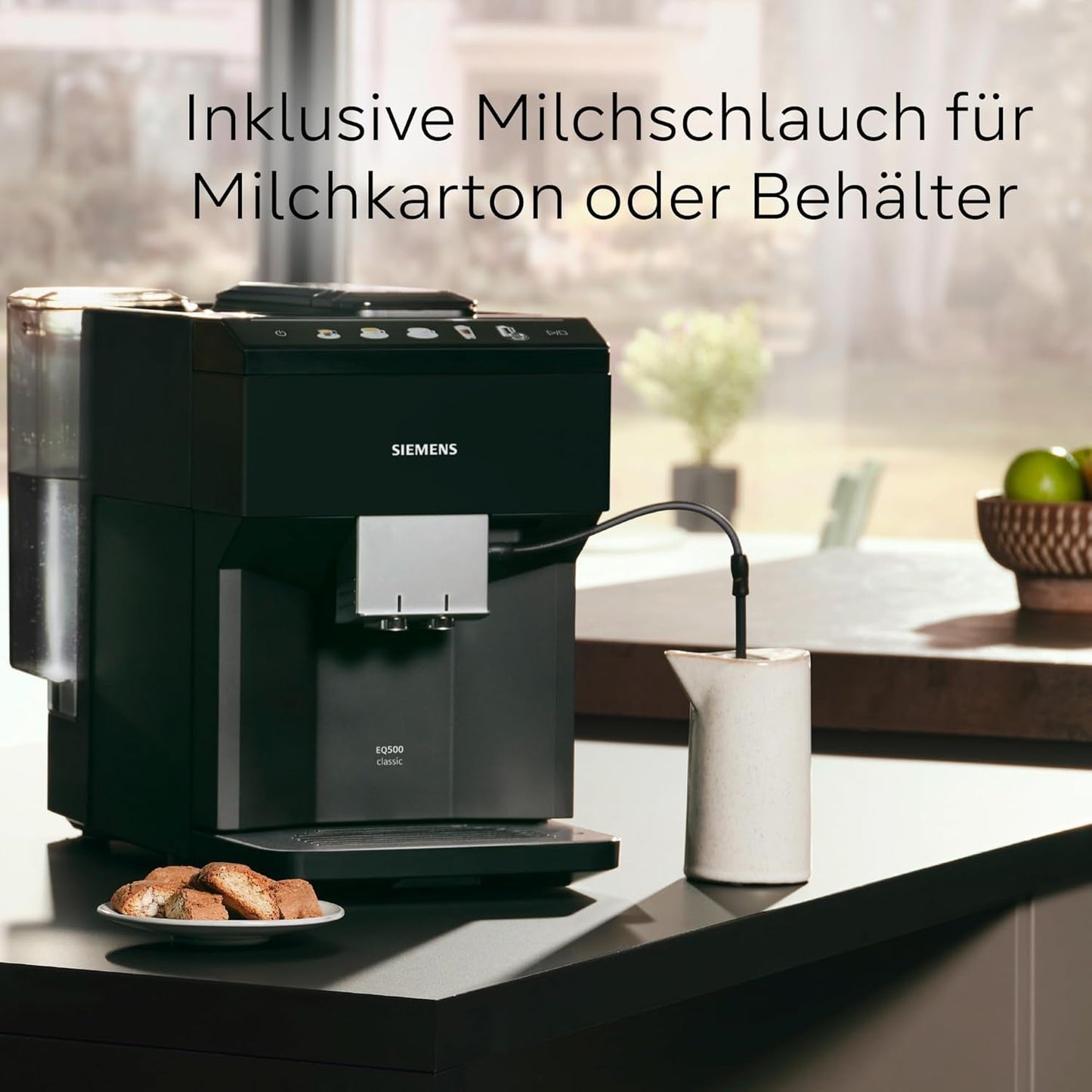 Siemens EQ500 klassisk automatisk espressomaskin, TFT färgskärm, 5 sorters kaffe och mjölk, dubbelkoppsfunktion, enkel rengöring, avtagbar bryggenhet, med mjölkslang, svart, TP511E19