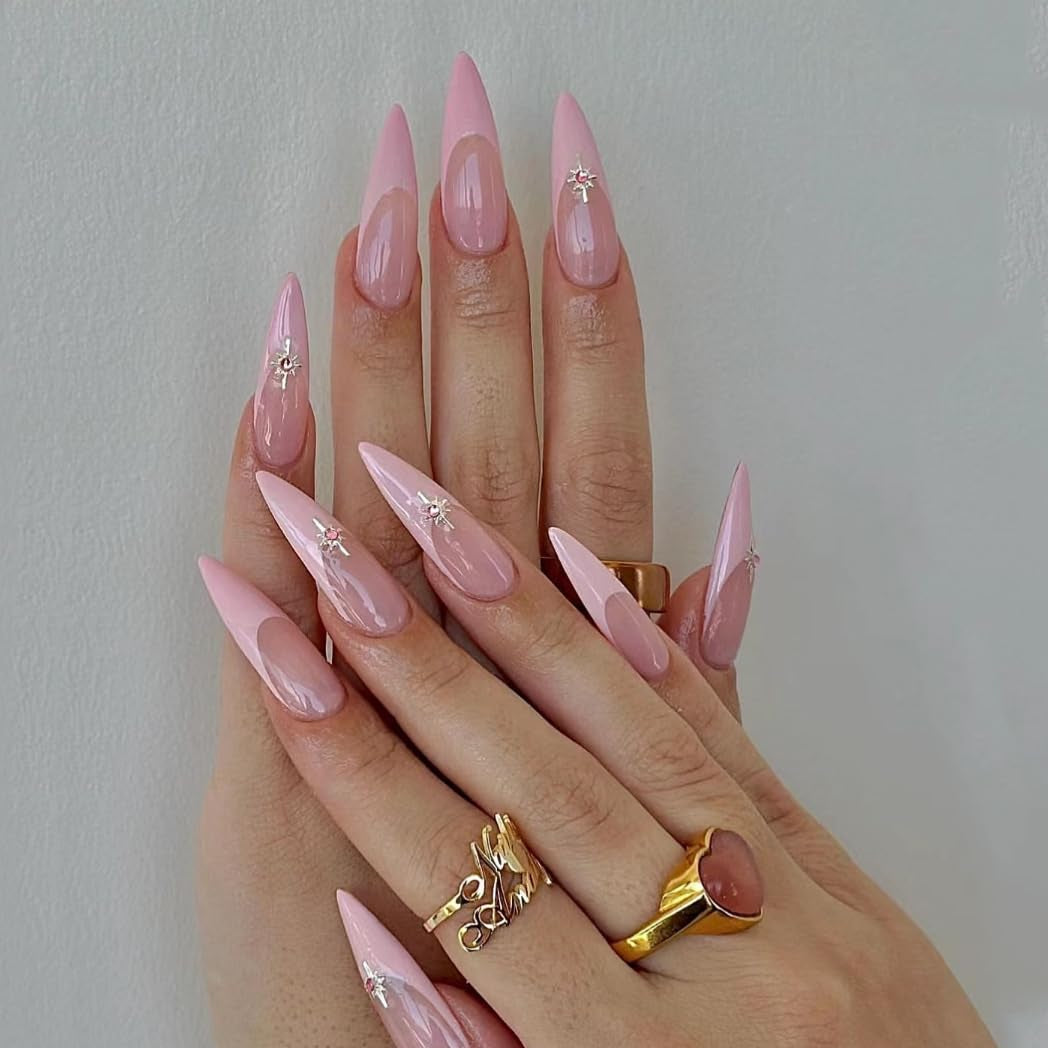 Mouyouglow Långa naglar Stiletto Milky White Gradient Rosa Glitter Coola falska naglar med lim Rosa Ombre Glitter konstgjorda naglar