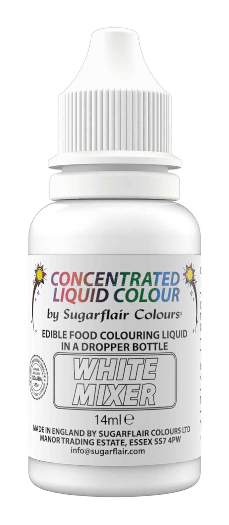 Sugarflair Ätbar Drop Paint, Flytande Vit - Matfärgning för Sugarpaste, Smörkräm - Airbrushable - 14ml