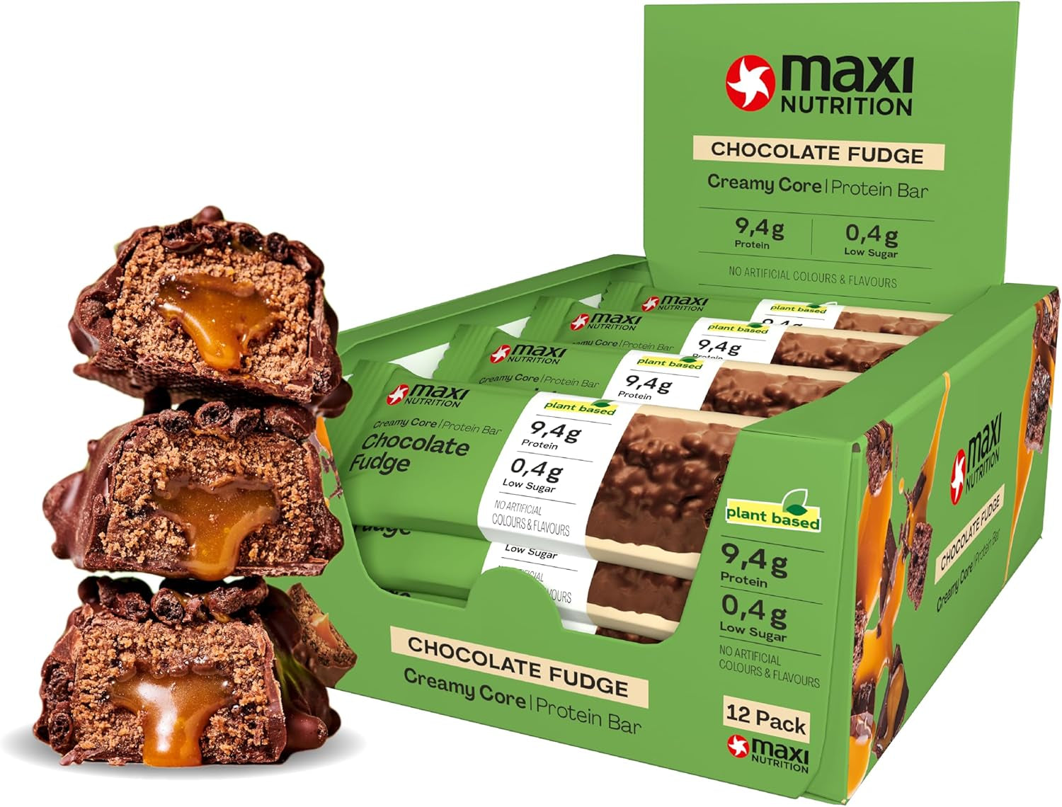 MaxiNutrition Krämig vegansk proteinbar med choklad, jordnötter och kola 12x45g - vegansk proteinbar, 18% protein, 8,3g per bar, låg sockerhalt (0,9g), inget tillsatt socker, inga konstgjorda smakämnen