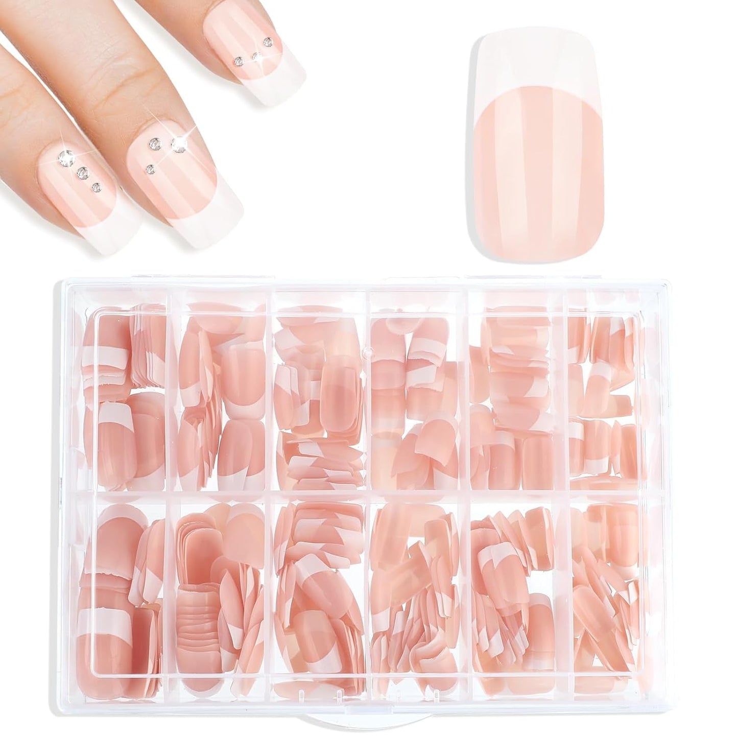 360 st självhäftande nageltips för konstgjorda naglar med förvaringslåda och nagelfil (rektangulär)