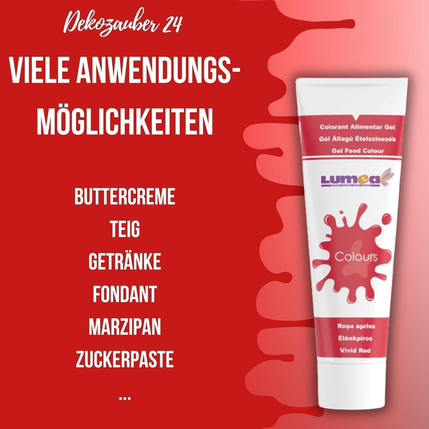 Dekozauber 24 röd matfärg, gel, 30 g, vegansk, sockerfri, högkoncentrerad, röd matfärg för fondant, smörkräm, drycker och mer