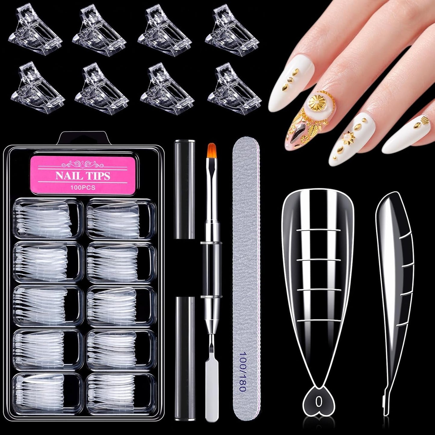 120 st nagelformsset, nagelförlängningar, gelnagelformer, nagelformset med dubbelhuvudborste och nagelfil med clips, för gelnaglar