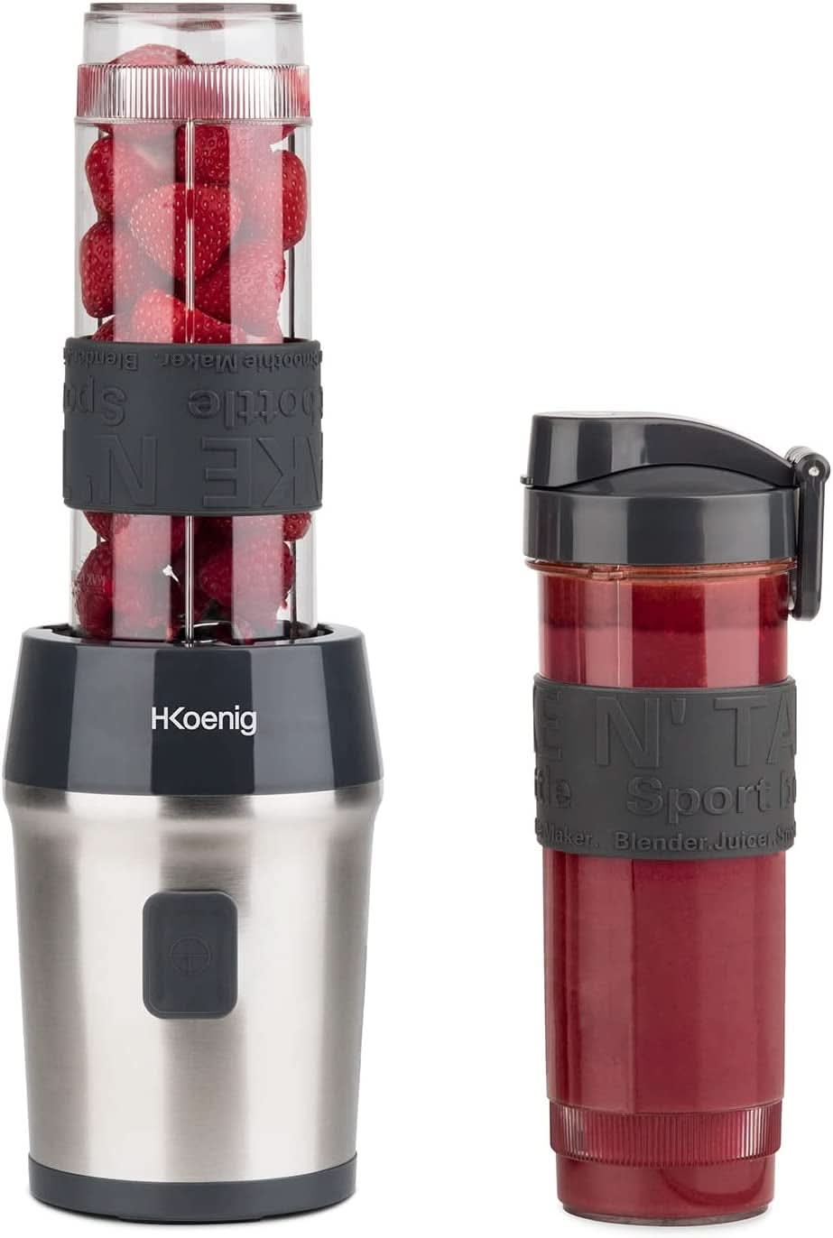 H.Koenig Smoothie Maker SMOO9 - Mini Standmixer - Mini Mixer - 300 Watt - 570 Ml - Edelstahl - 2 Kunststoffflaschen - Bpa-Frei, Grau Kitchen Naty Shop Grau