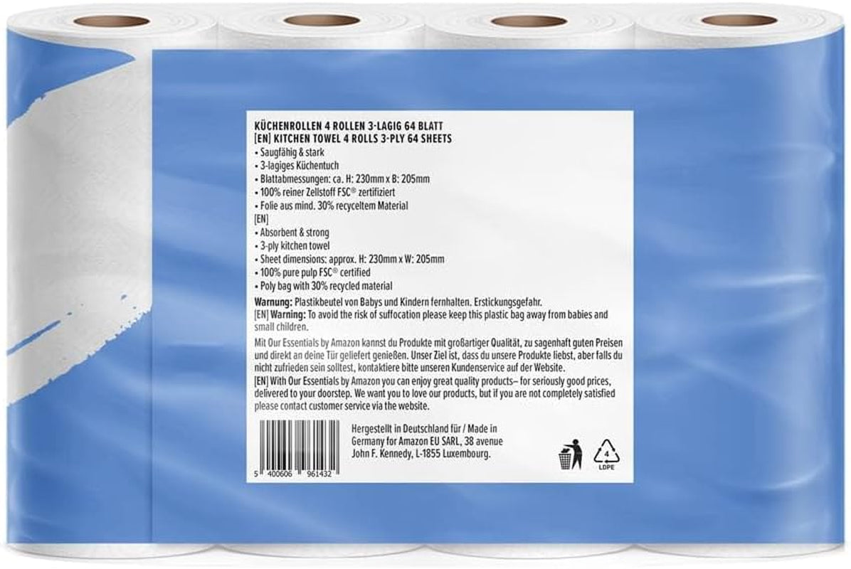 Av Amazon köksrulle, 3 lager, 16 rullar (4 rullar, paket med 4), 64 ark per rulle, Fsc-certifierad