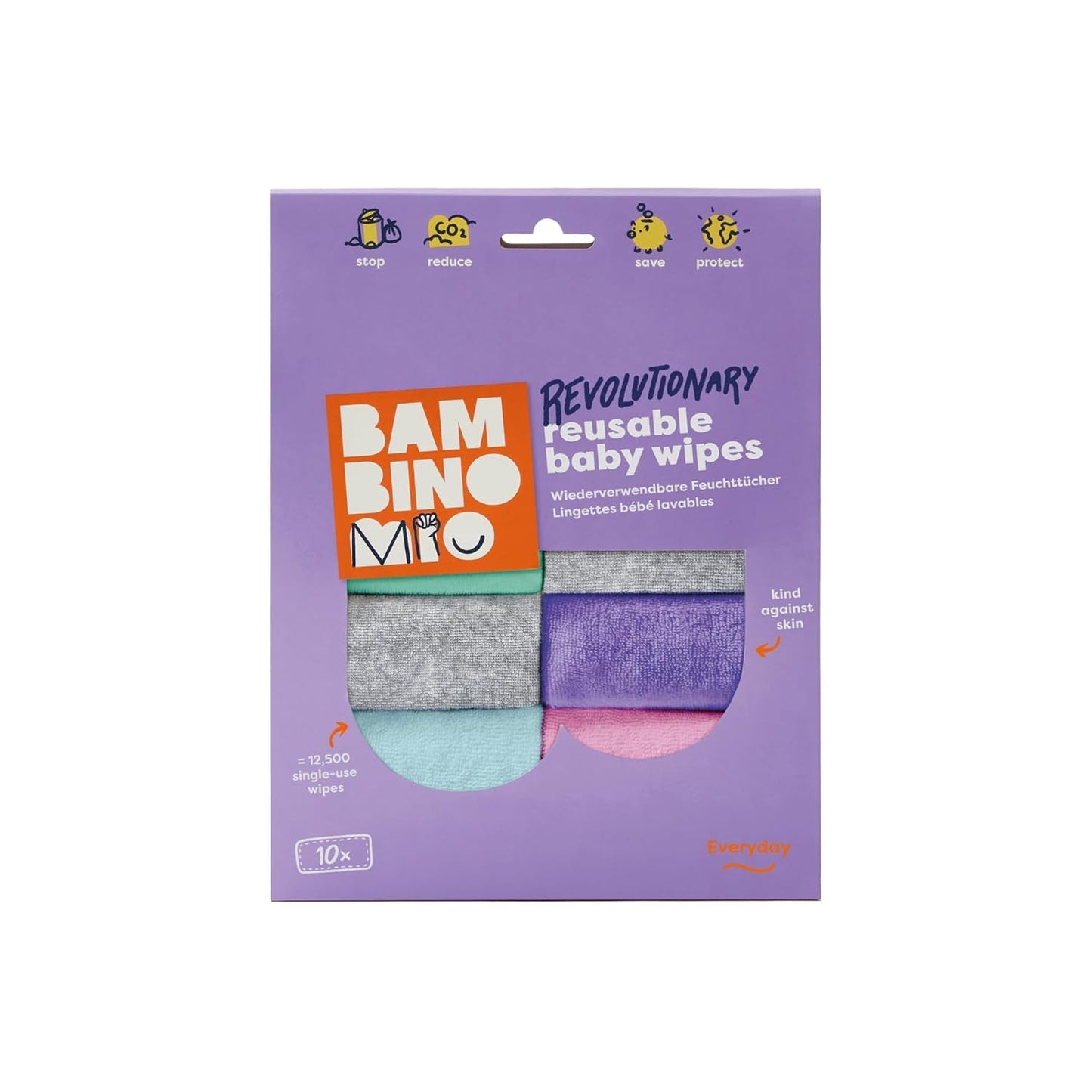 Bambino Mio återanvändbara babyservetter - Basic - Miljövänliga, Kemikaliefria, Dubbelsidiga, Tvättbara, 10-pack, Moln - Förpackningen kan variera