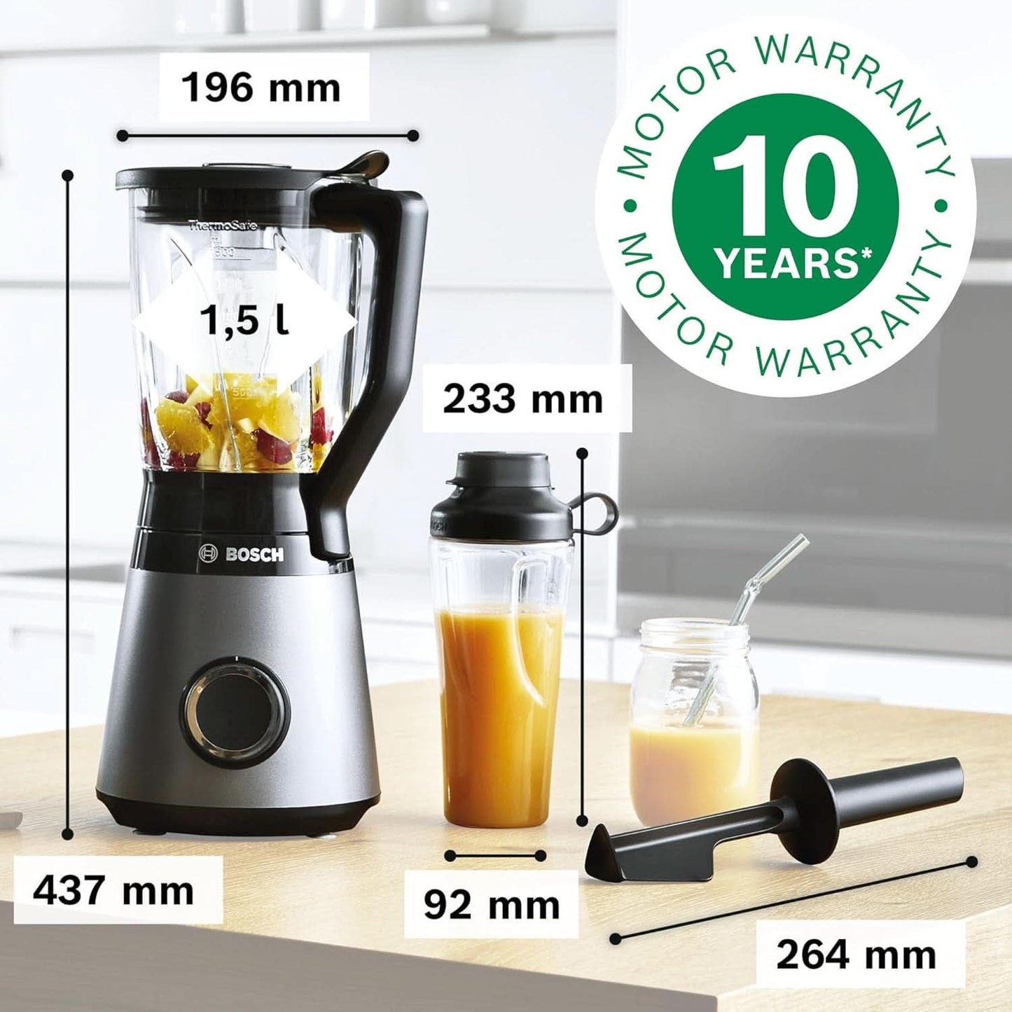 Bosch Standmixer Vitapower Serie 4 MMB6174SN, Verbesserte Version, Hochwertige Edelstahl-Klingen, 1,5L Glasbehälter, 0,6L To-Go-Flasche, Spülmaschinenfeste Teile, 30 000 U/Min, 1200 W, Silver Kitchen Naty Shop
