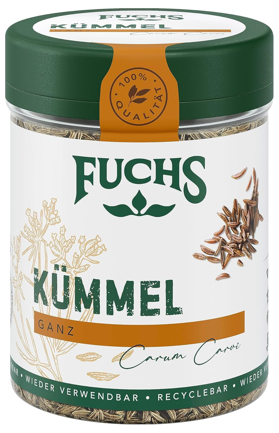 Fuchs Gewürze - Kümmel ganz - kräftiges Gewürz für Kohl- und Fleischgerichte oder zu Bratkartoffeln - naturlig ingrediens - 60 g i wiederverwendbarer, recyclebarer Dos