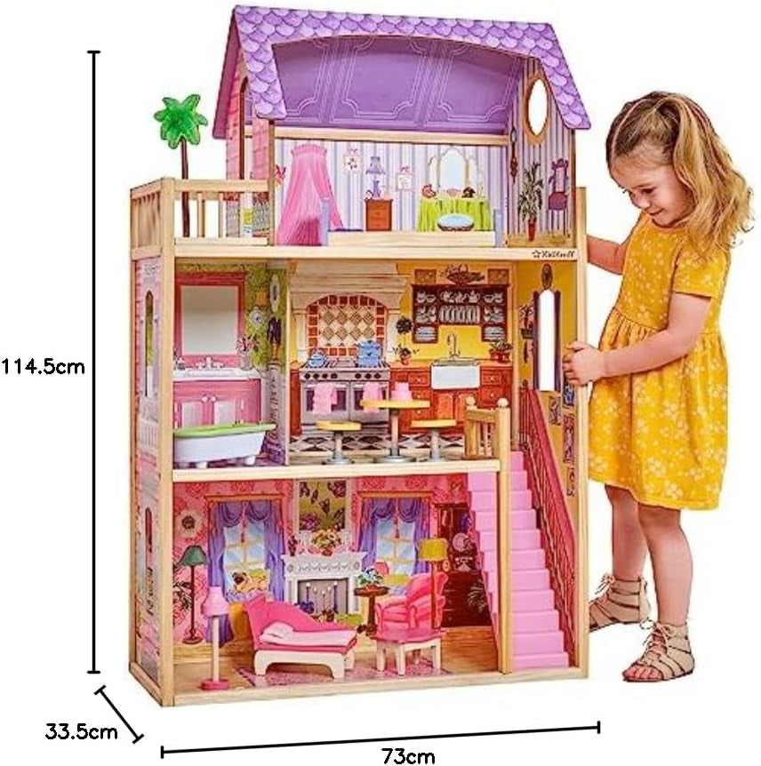KidKraft Kayla dockhus i trä med möbler och tillbehör, 3-vånings lekset för 30 cm docka, leksak för åldrarna 3 och uppåt, 65092 - exklusivt på Amazon