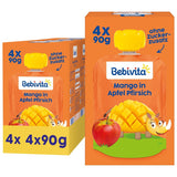 Mango Apple Peach pressbara påsar - 16-pack (4-pack, 4 x 90 g vardera), utan tillsatt socker, glutenfri, perfekt för mellanmål och på resande fot