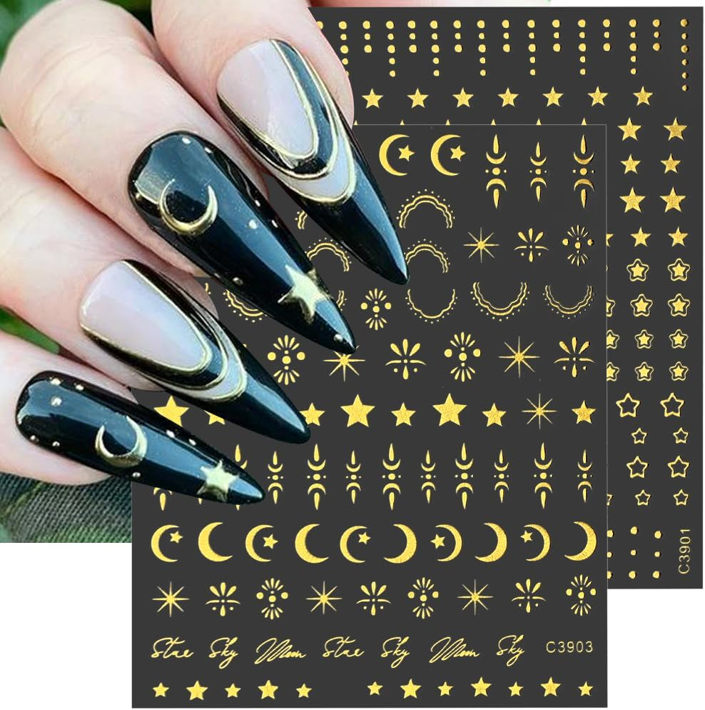 8 ark Guld Måne och stjärnor Nail Art Stickers Angel Wings Tan Guld Nail Stickers Stars Nagelfolier Självhäftande nagelklistermärken Nageldesign Tillbehör Nagelklistermärken