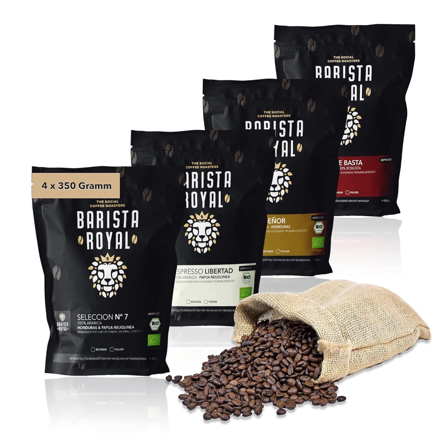 Provset av espressobönor 4 x 350g espressobönor | Discovery Pack/Sample Pack | Robusta och Arabica | Idealisk för helautomatiska enheter och portafilter | KUNGLIG BARISTA