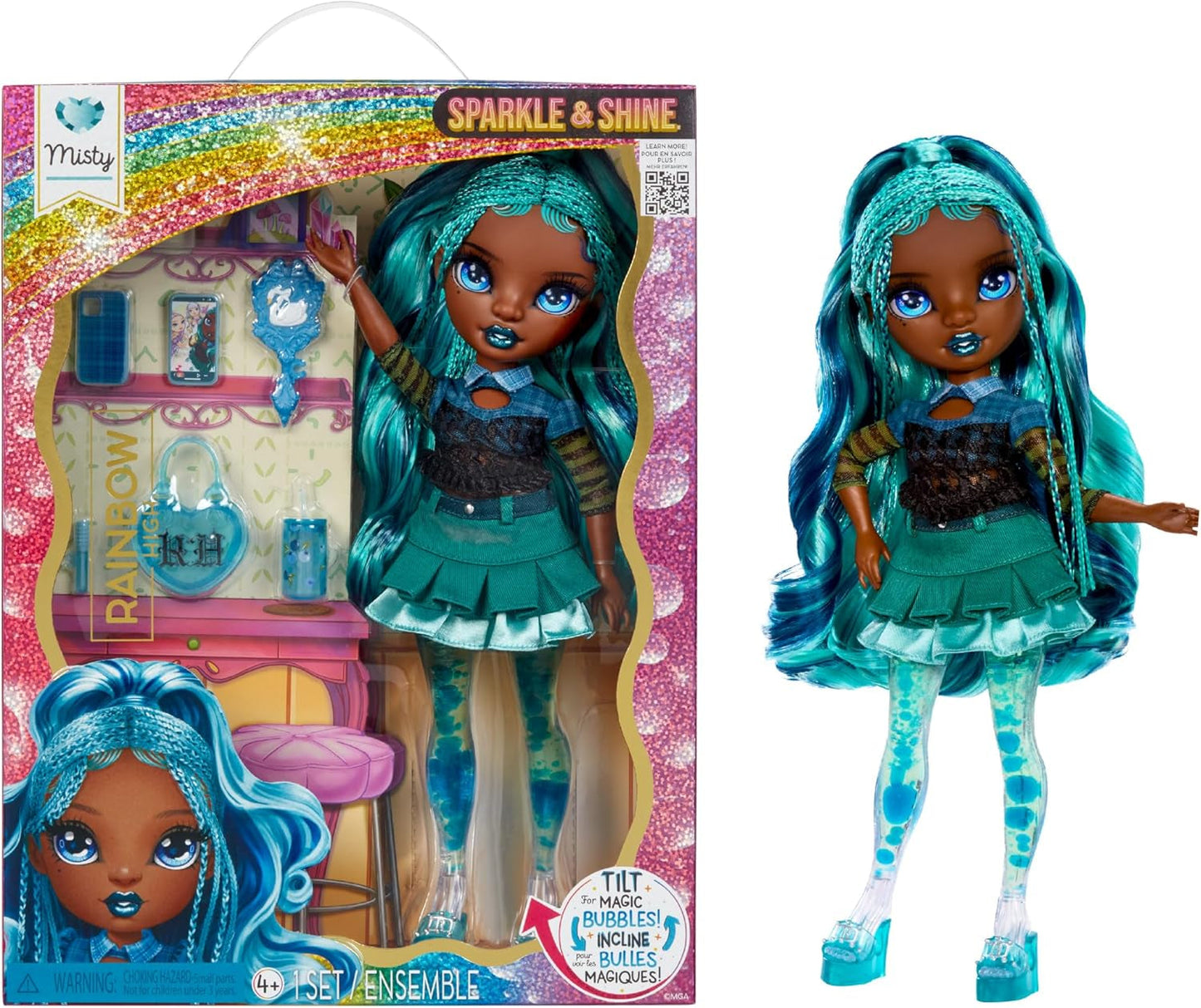 Rainbow High Sparkle & Shine Doll - Misty - 28 cm fashionabel docka med turkost hår och magiska bubblor Stående Färgglada dressing och leksamlarobjekt i 4-12 år