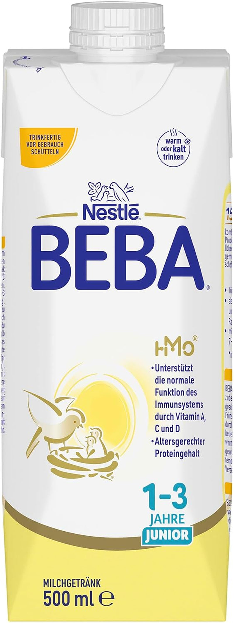 BEBA Junior Drickfärdig mjölkdryck 1-3 år, med HMO, åldersanpassat proteininnehåll, palmoljefri, fiskoljefri, småbarnsmat, 12-pack (12 x 500 ml)