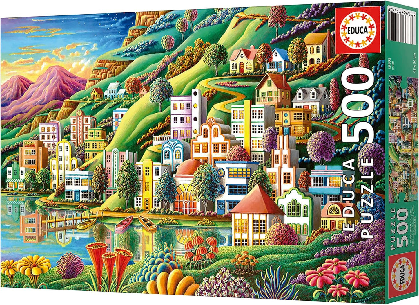 Educa - Pussel 500 bitar för vuxna | Färgglad by vid sjön, 500-bitars pussel för vuxna och barn från 11 år, landskapspussel, illustration (19552) Puzzle Naty Shop