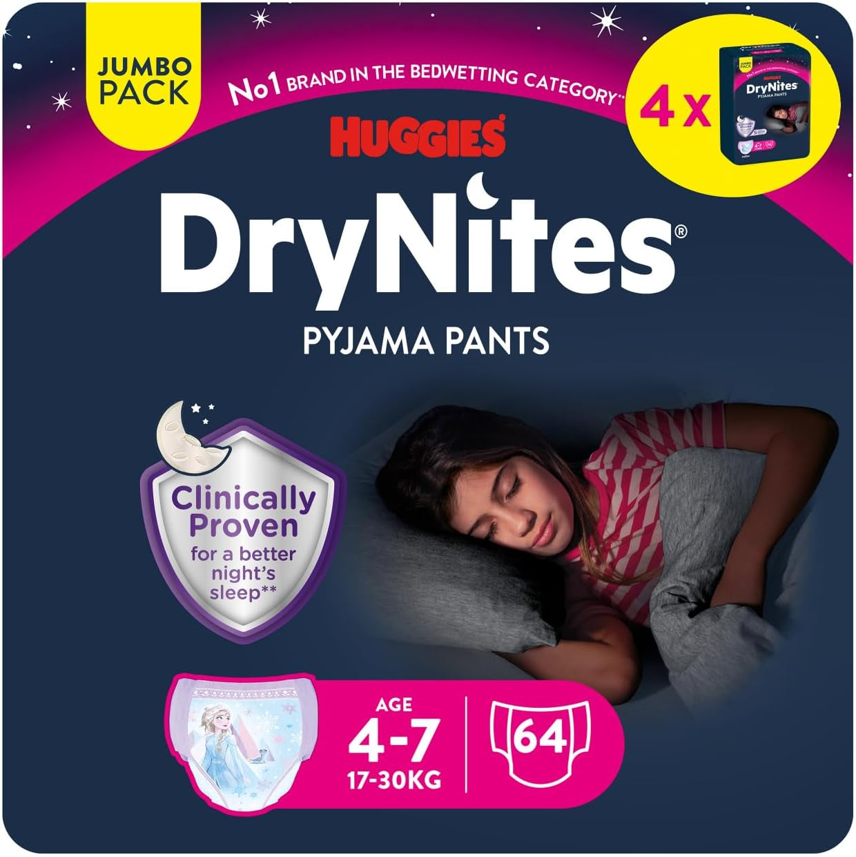 Huggies DryNites Superabsorberande nattblöjor för flickor 4-7 år, 4 x 16 trosblöjor (64 antal), månadspaket