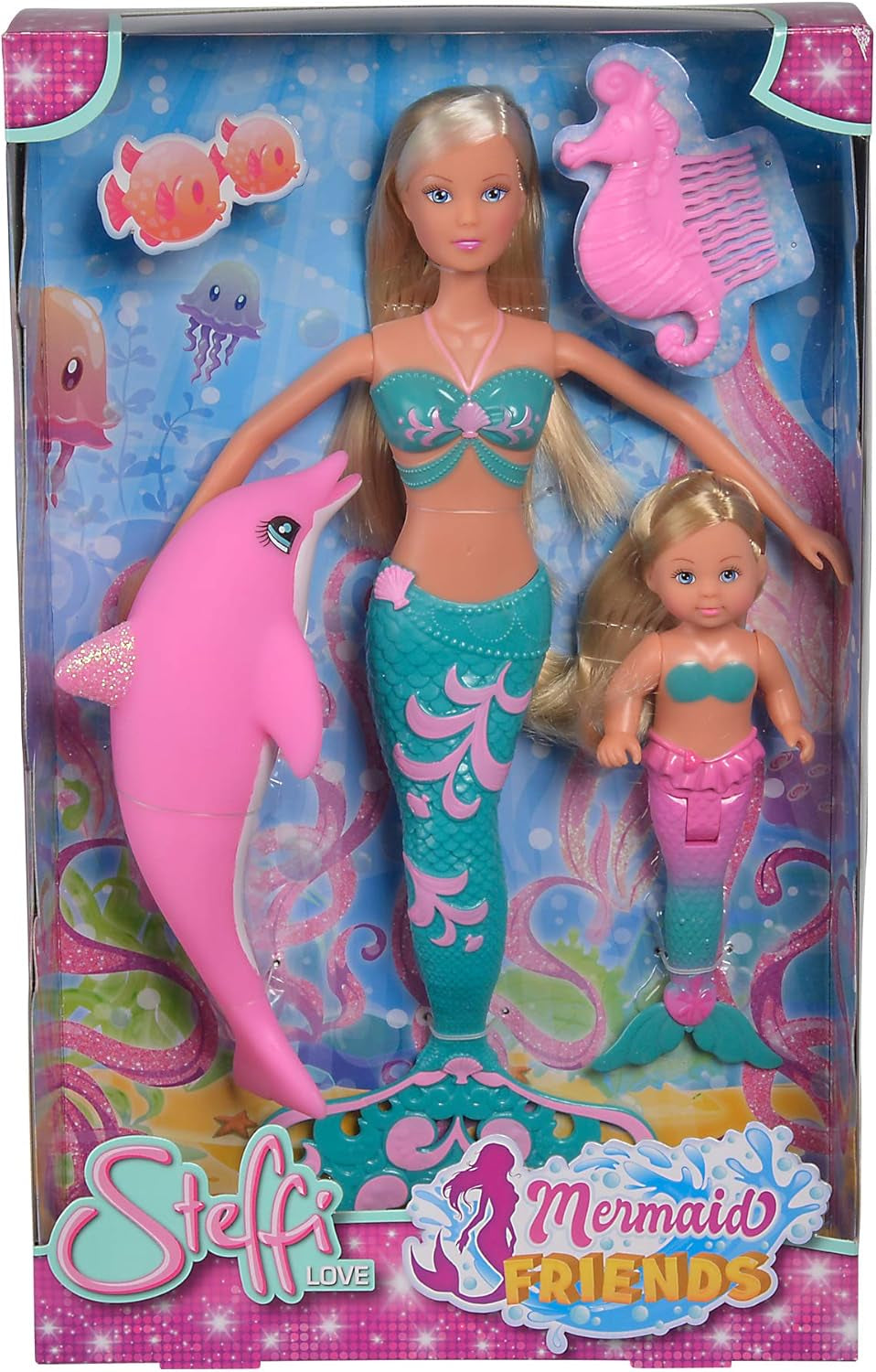 Simba 105733336 - Steffi Love Mermaid Friends, Magisk sjöjungfrudocka med syster Evi, delfinfigur med mera, leksak för barn från 3 år och uppåt